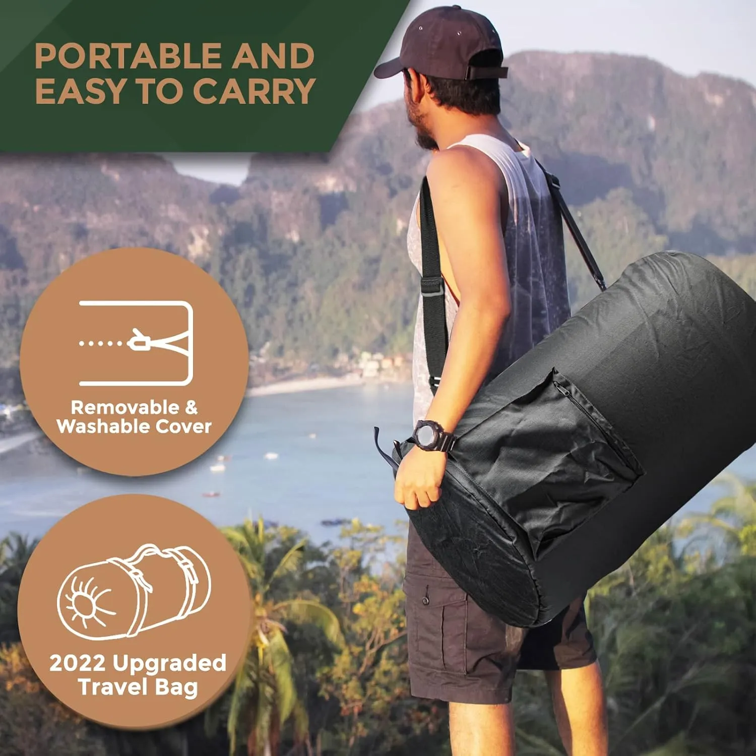 CertiPUR-US Memory Foam Camping Mattress Pad | Portable Roll Up Sleep Mat for Floor, Tent, Car | Single, Twin, Kids Guest Bed Outdoor Cot, Foldable Lightweight w/Removable Waterproof Cover, Travel Bag