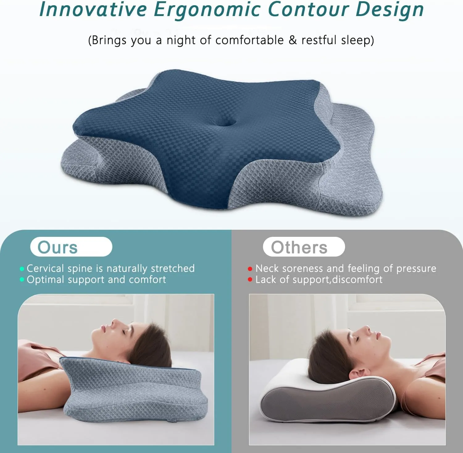 Cervical Neck Pillow for Pain Relief Sleeping, Contour Memory Foam Pillows, Ergonomic Side Sleeper Pillows for Adults, Cooling Orthopedic Neck Support Pillow for Back Stomach Sleepers