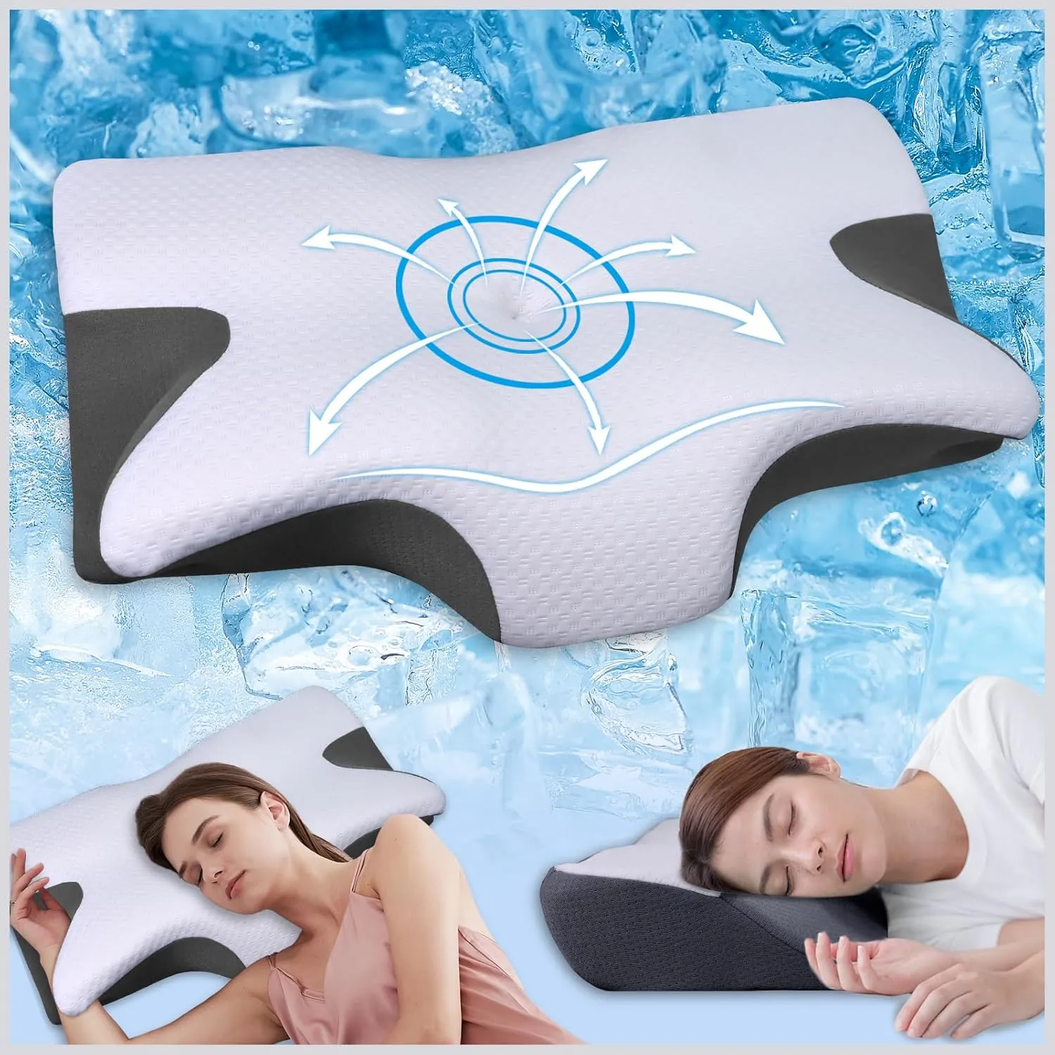 Cervical Neck Pillow for Sleeping, Memory Foam Pillows for Neck Pain Relief, Ergonomic Orthopedic Contour Side Sleeper Pillow for Neck Support, Back Stomach Sleepers (White & Gray)