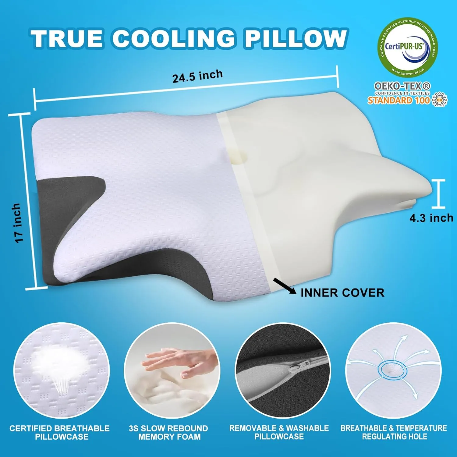 Cervical Neck Pillow for Sleeping, Memory Foam Pillows for Neck Pain Relief, Ergonomic Orthopedic Contour Side Sleeper Pillow for Neck Support, Back Stomach Sleepers (White & Gray)