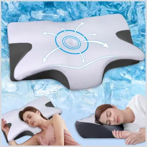 Cervical Neck Pillow for Sleeping, Memory Foam Pillows for Neck Pain Relief, Ergonomic Orthopedic Contour Side Sleeper Pillow for Neck Support, Back Stomach Sleepers (White & Gray)