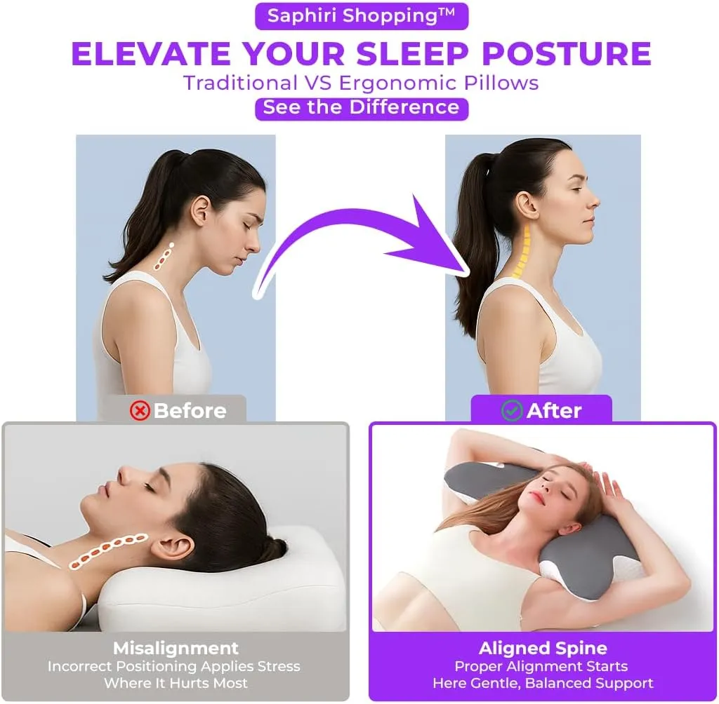 Cervical Neck Support Pillow for Cozy Sleeping Ergonomic Memory Foam Pillows Orthopedic Contour Shoulder Pain Relief Pillows Side Back Stomach Sleeper Bed Pillowcases (Light Grey, 61.5 * 34 * 13cm)