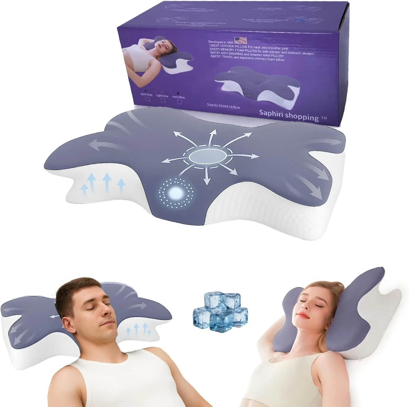 Cervical Neck Support Pillow for Cozy Sleeping Ergonomic Memory Foam Pillows Orthopedic Contour Shoulder Pain Relief Pillows Side Back Stomach Sleeper Bed Pillowcases (Light Grey, 61.5 * 34 * 13cm)