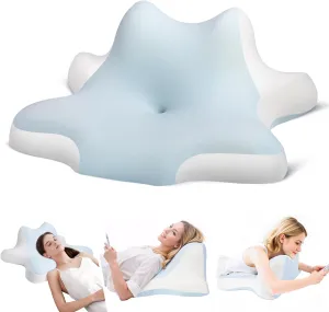 Cervical Pillow for Neck Pain Relief, Contour Memory Foam Pillow for Sleeping, Ergonomic Neck Support Pillow for Side Back Stomach Sleepers, Bed Pillows with Cooling Silk Pillowcase Blue