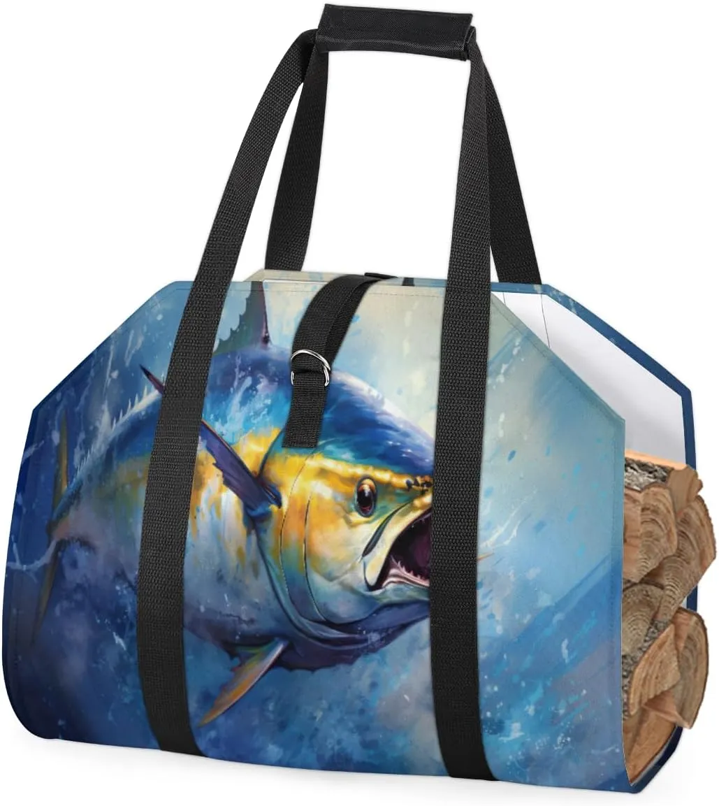 cfpolar Bluefin Tuna Fish Firewood Carrier Log Bag, Sturdy Firewood Storage Tote Bag, Wood Carrying Bag with Handles for Camping Fireplace Indoor Log Holder Birchwood Stand