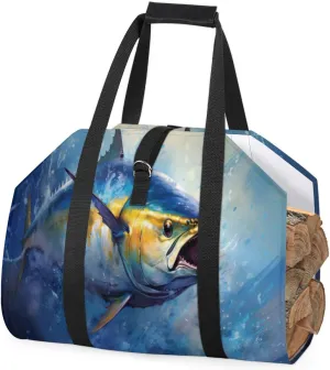 cfpolar Bluefin Tuna Fish Firewood Carrier Log Bag, Sturdy Firewood Storage Tote Bag, Wood Carrying Bag with Handles for Camping Fireplace Indoor Log Holder Birchwood Stand
