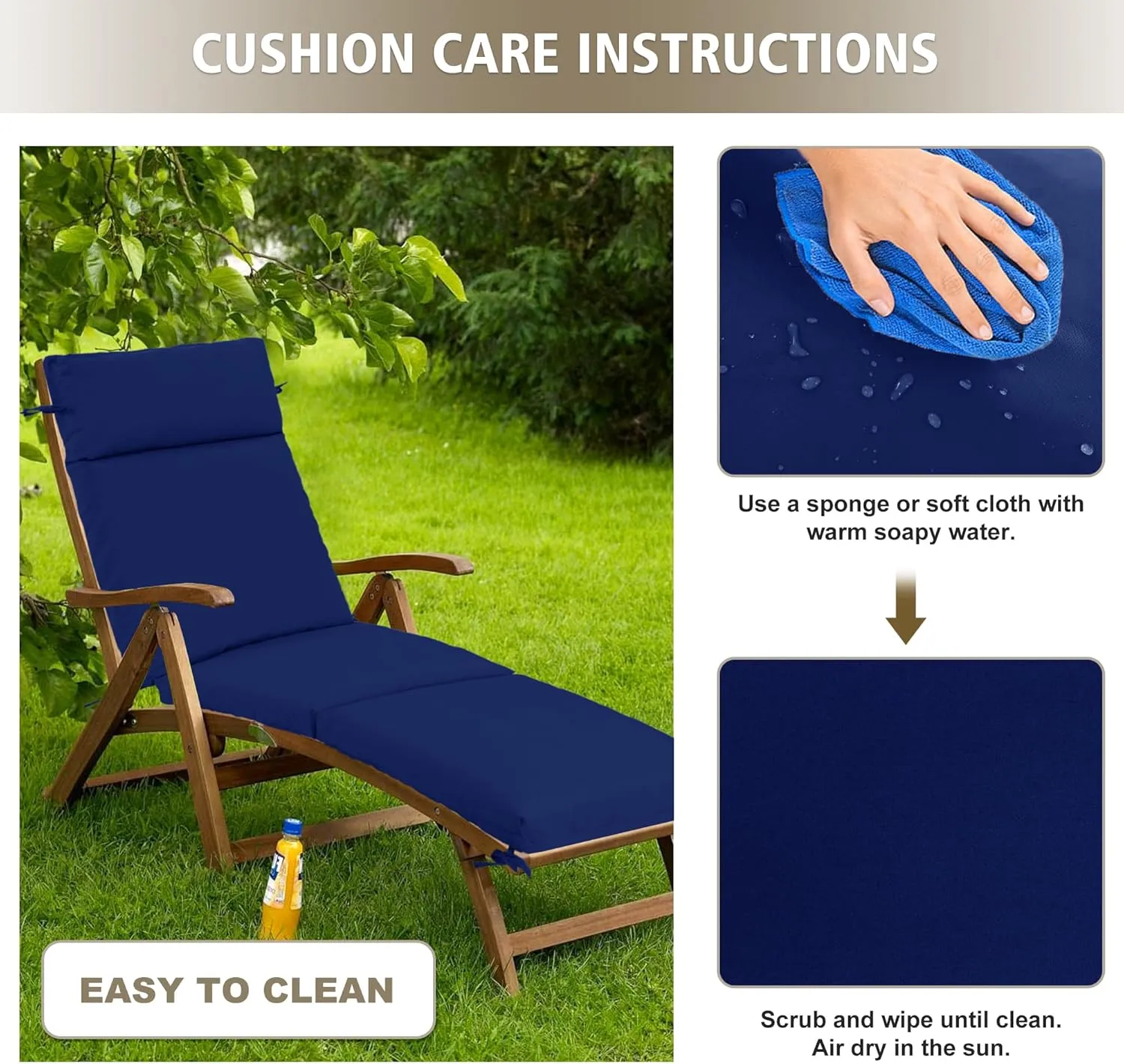 Chaise Lounge Cushion 72x21x3 Inch ?Set of 2 Outdoor Lounge Chair Cushions, Lounger Pad Replacement with Fade-Resistant, Removable & Machine-Washable Covers, Ideal for Patio Chaise Chairs, Navy Blue