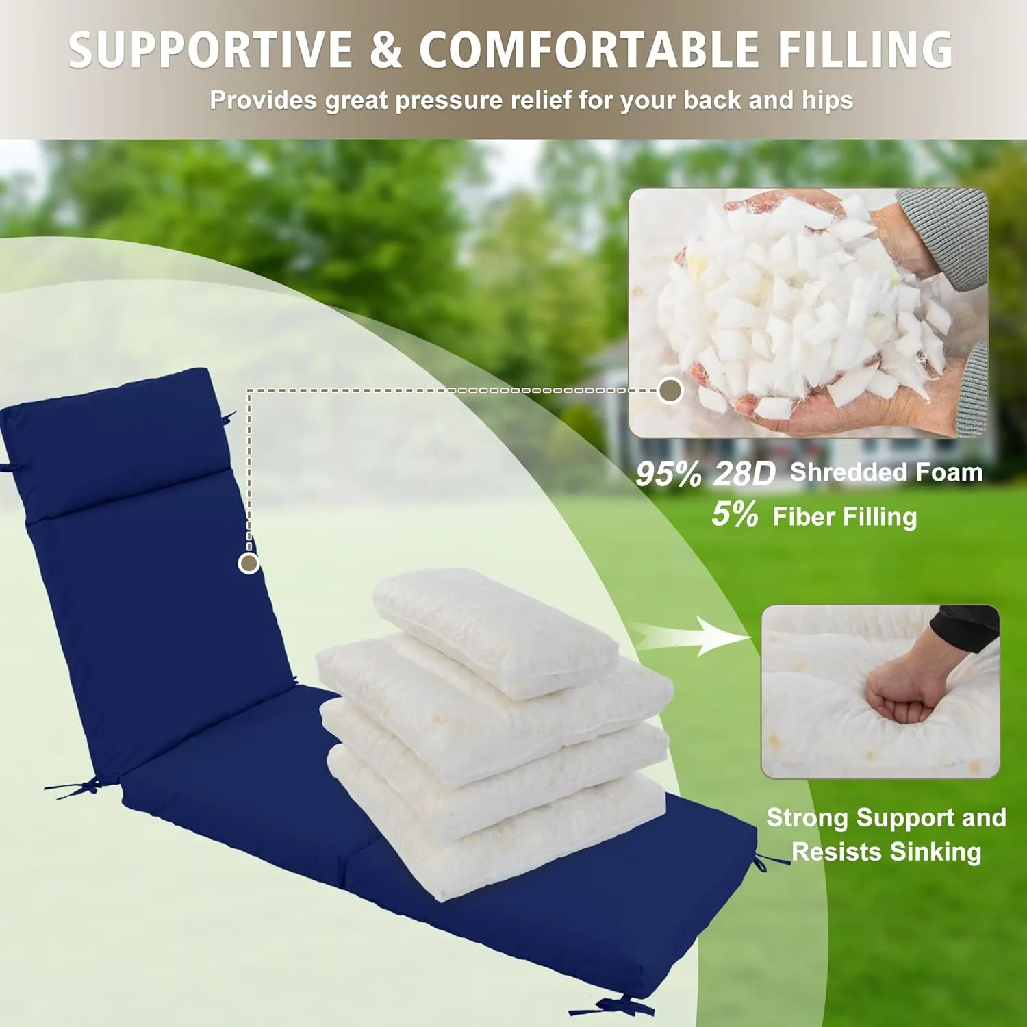 Chaise Lounge Cushion 72x21x3 Inch ?Set of 2 Outdoor Lounge Chair Cushions, Lounger Pad Replacement with Fade-Resistant, Removable & Machine-Washable Covers, Ideal for Patio Chaise Chairs, Navy Blue