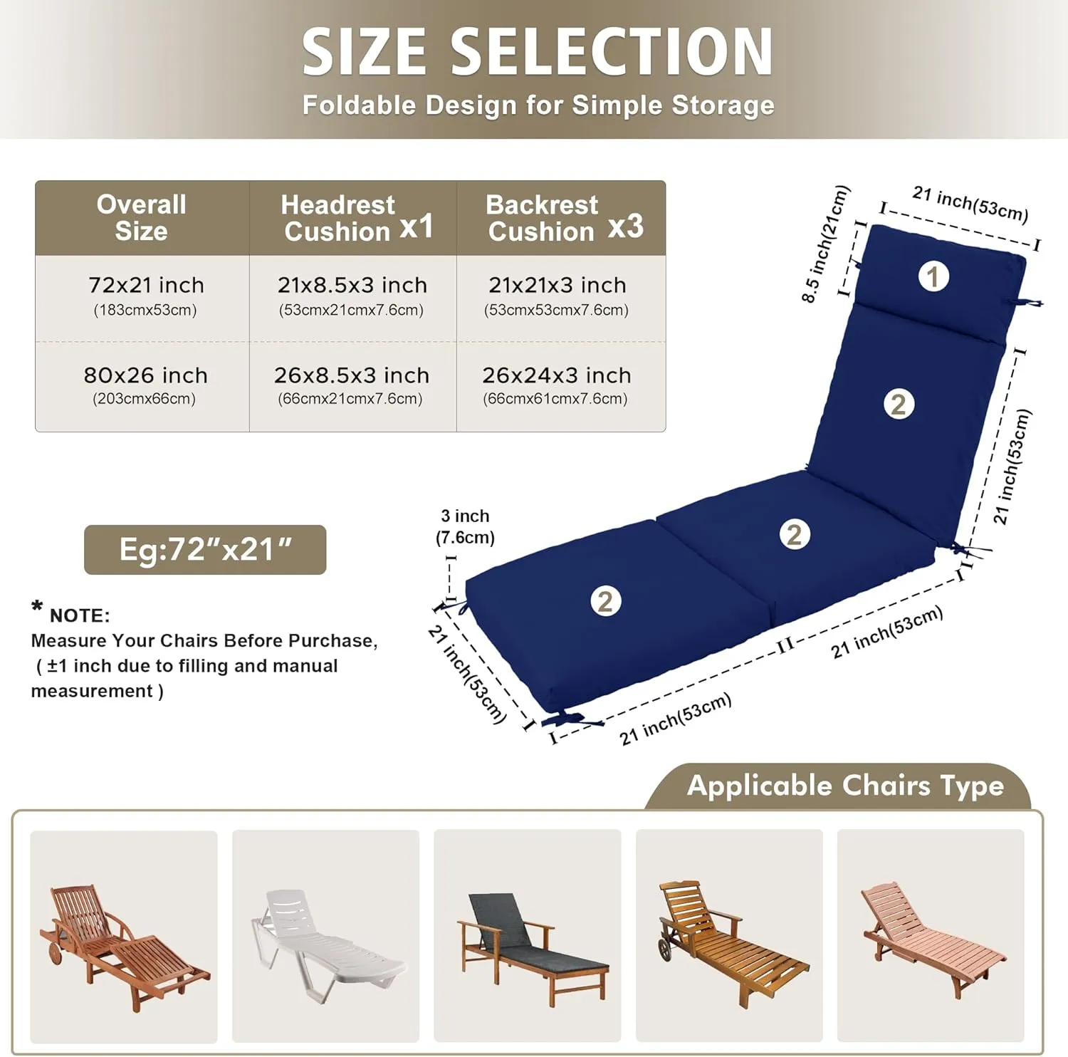 Chaise Lounge Cushion 72x21x3 Inch ?Set of 2 Outdoor Lounge Chair Cushions, Lounger Pad Replacement with Fade-Resistant, Removable & Machine-Washable Covers, Ideal for Patio Chaise Chairs, Navy Blue