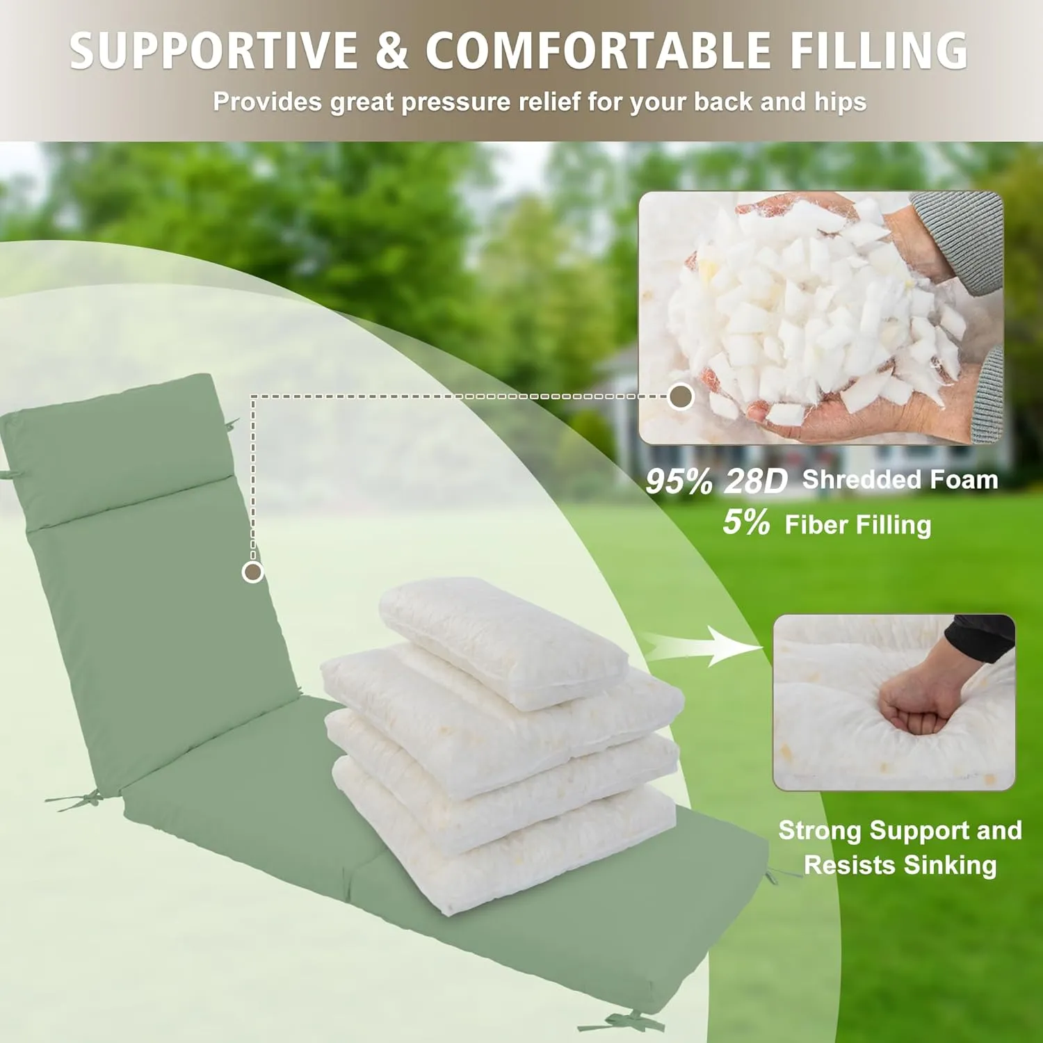 Chaise Lounge Cushion 72x21x3 Inch – Set of 4 Outdoor Lounge Chair Cushions, Lounger Pad Replacement with Fade-Resistant, Removable & Machine-Washable Covers, Ideal for Patio Chaise Chairs, Sage Green