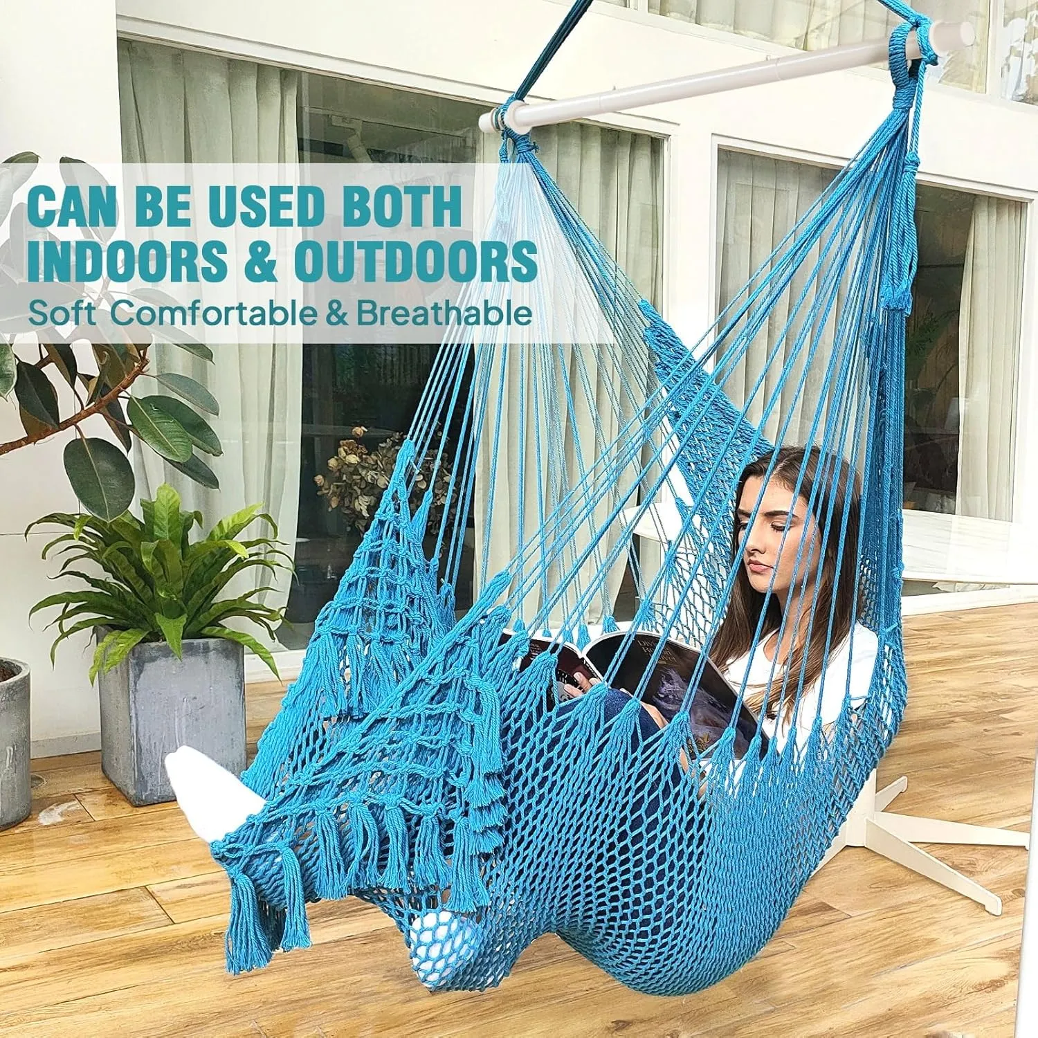 Chihee Hammock Chair Super Large Hanging Chair Soft-Spun Cotton Rope Weaving Chair, Collapsible Strong Metal Spreader Bar Wide Seat Lace Stretch Swing Chair Indoor Outdoor Garden Yard Theme Decoration