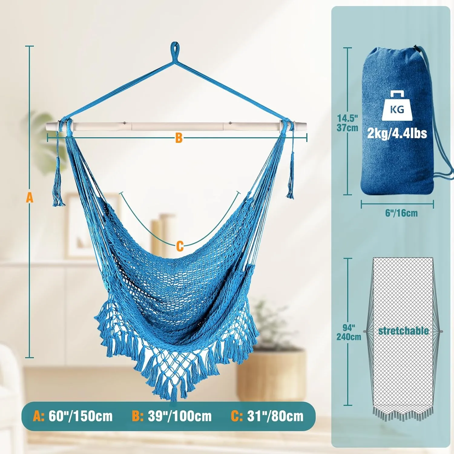 Chihee Hammock Chair Super Large Hanging Chair Soft-Spun Cotton Rope Weaving Chair, Collapsible Strong Metal Spreader Bar Wide Seat Lace Stretch Swing Chair Indoor Outdoor Garden Yard Theme Decoration