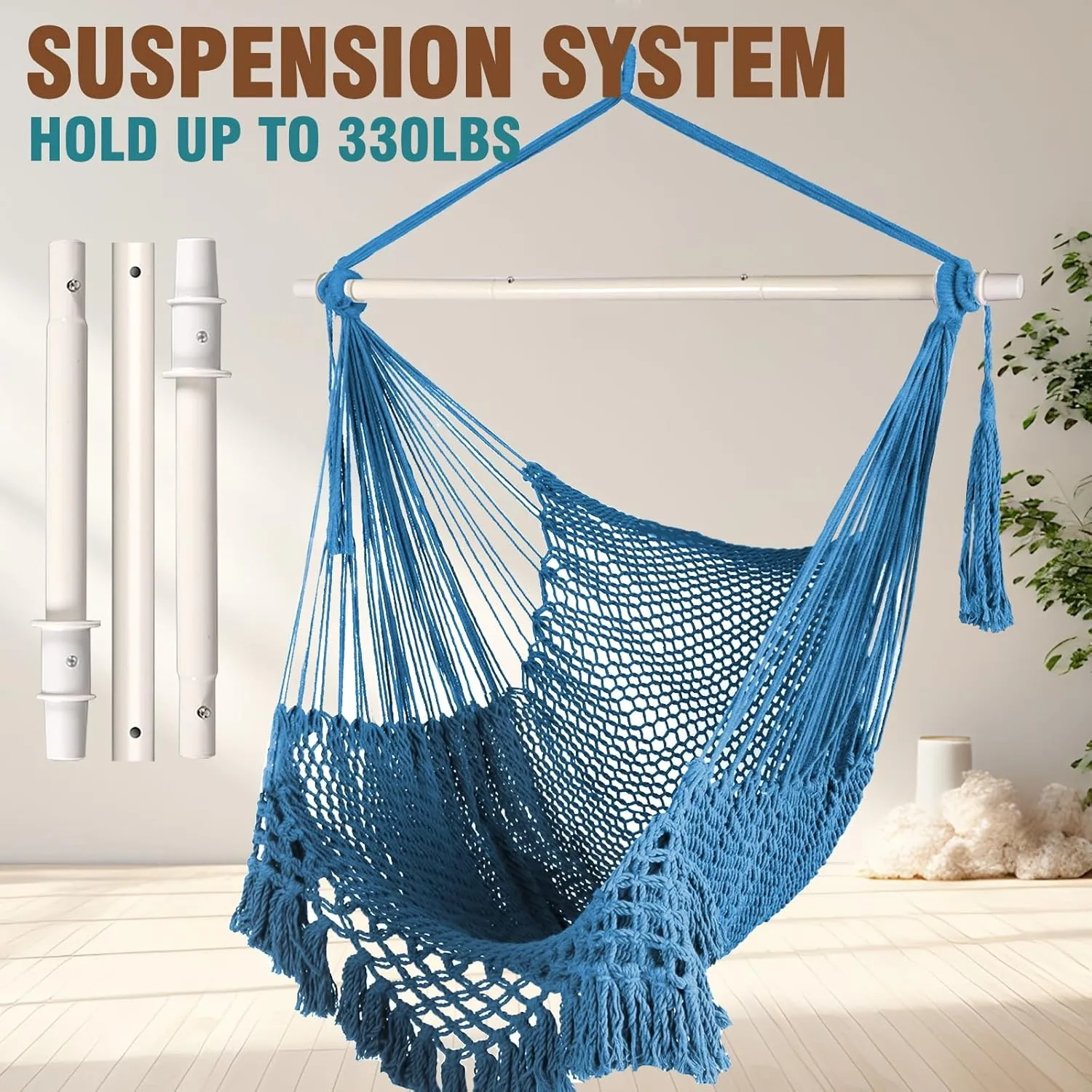 Chihee Hammock Chair Super Large Hanging Chair Soft-Spun Cotton Rope Weaving Chair, Collapsible Strong Metal Spreader Bar Wide Seat Lace Stretch Swing Chair Indoor Outdoor Garden Yard Theme Decoration