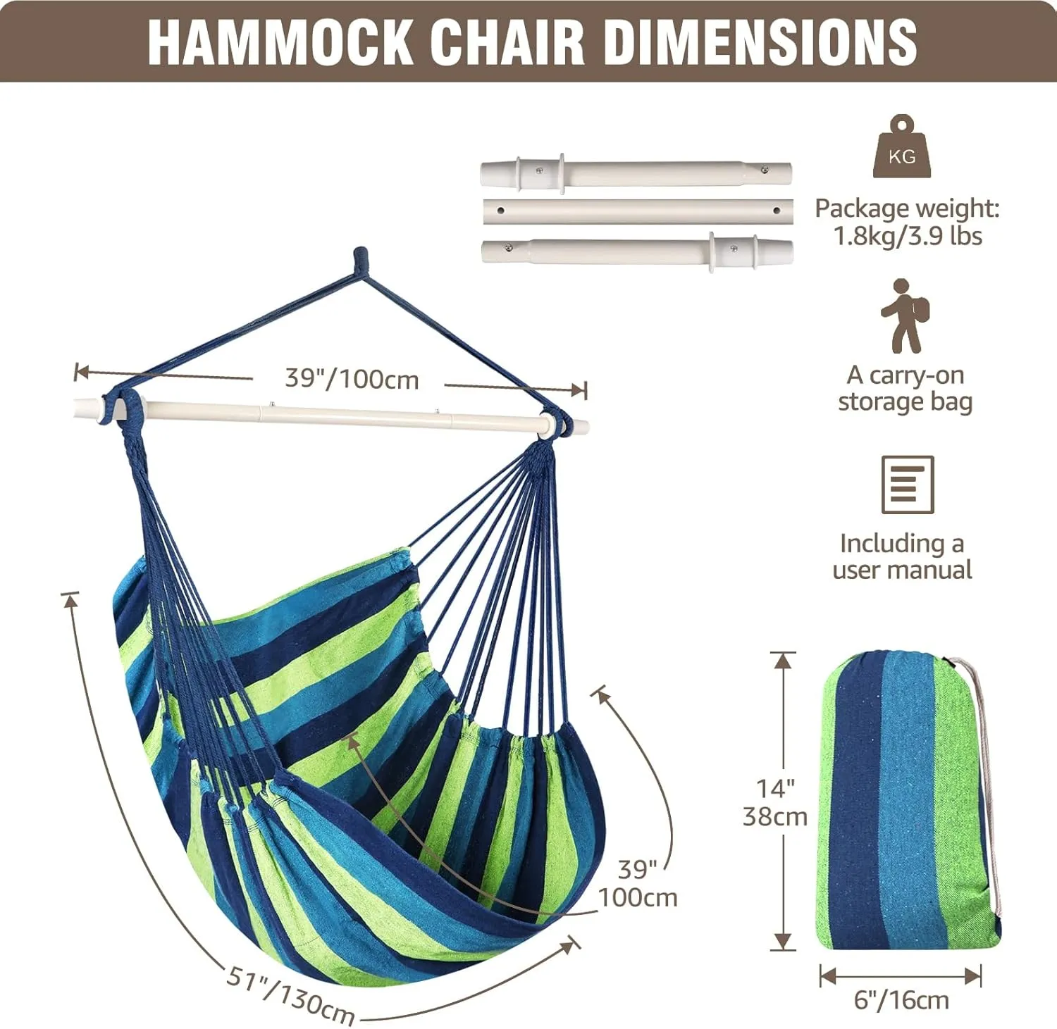 Chihee Hammock Swing Chair - Strong Metal, Collapsible, Portable, Max 500 lbs, Comfy Seat, Patio & Lawn, Cotton Blended, Indoor/Outdoor