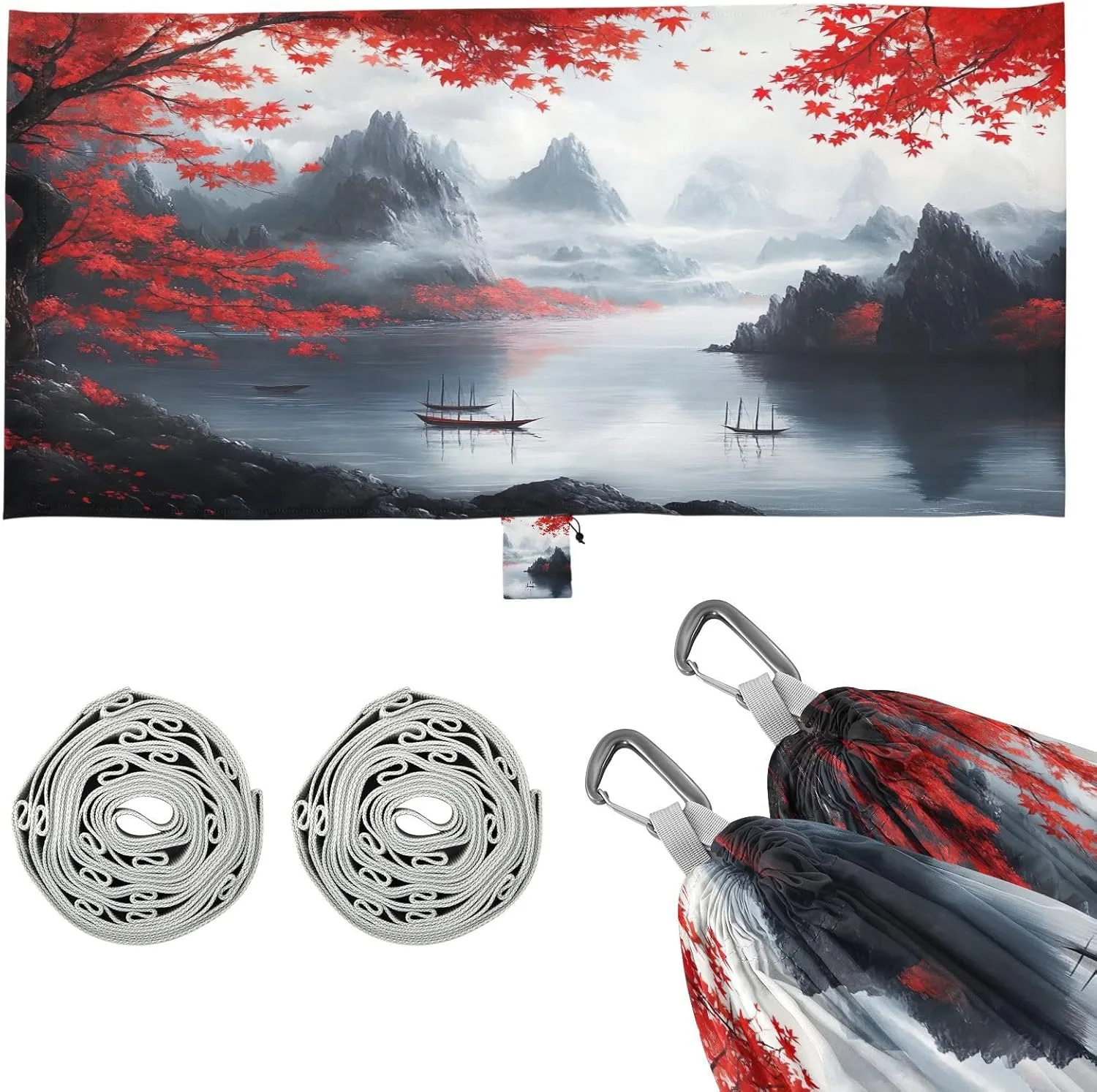 Chinese Style Ink Painting Camping Hammock, Single Portable Hammocks with Tree Straps & Attached Carry Bag, 330Lbs Capacity Perfect for Outside Indoor Hiking Beach Backpack Travel