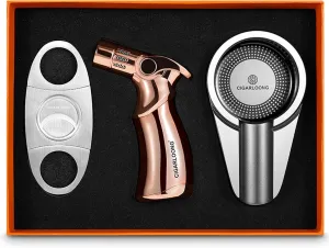 Cigar Lighter and Cutter Ashtray Set Alloy Windproof 4 Flame Inflatable Lighter Sharp Blade Guillotine Metal Cigar Ashtray Holder with Gift Box(Color:Silver Pink)