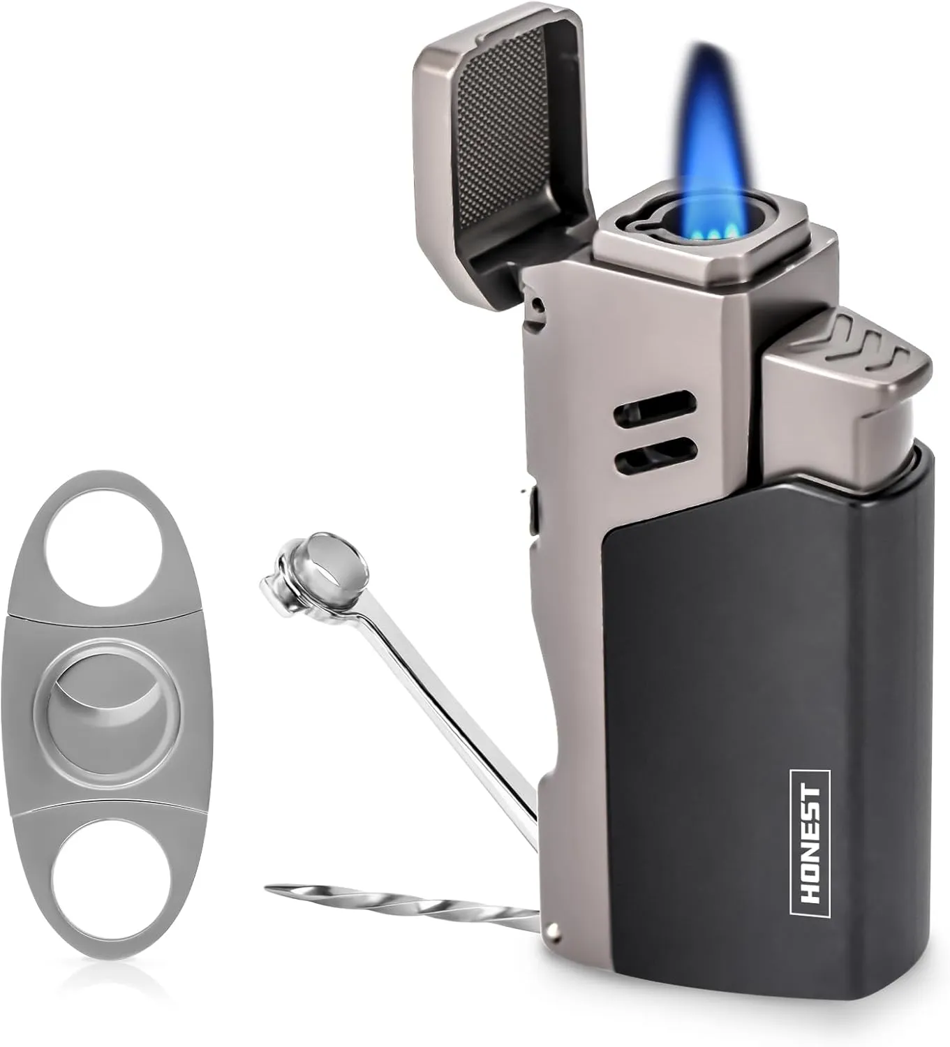 Cigar Lighter,All in One Windproof Lighter,Refillable Butane Lighters with Cigar Punch,Multi-Functional Cigar Accessories,Cigar Cutter