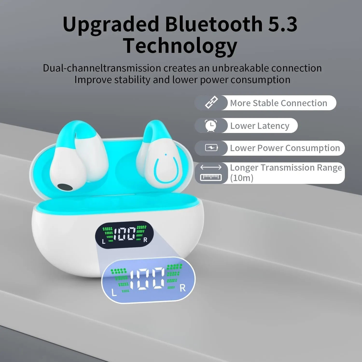 Clip On Earbuds,True Wireless Bluetooth 5.3 Lightweight Comfort Bone Conduction Open Ear Headphones with LED Digital Display Charging Case Sport Built-in Mic IPX7 Waterproof for Running Fitness, Blue