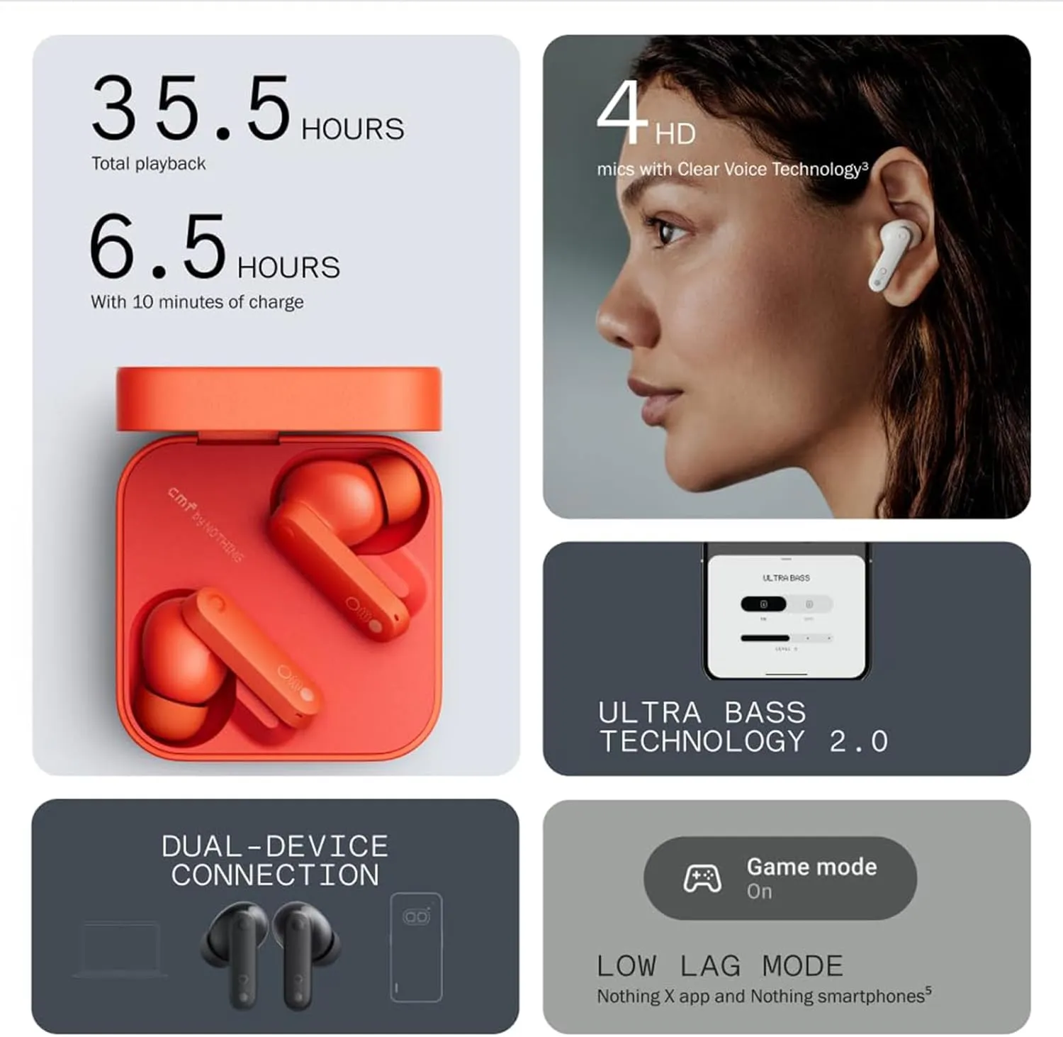 CMF Buds Wireless Bluetooth Earbuds, 42dB Noise Cancelling Earbuds, Dirac HD Audio, 35.5H Playtime, BT5.3, IP54 Waterproof, 4HD Mics Wireless Headphones for iPhone & Android (Orange)