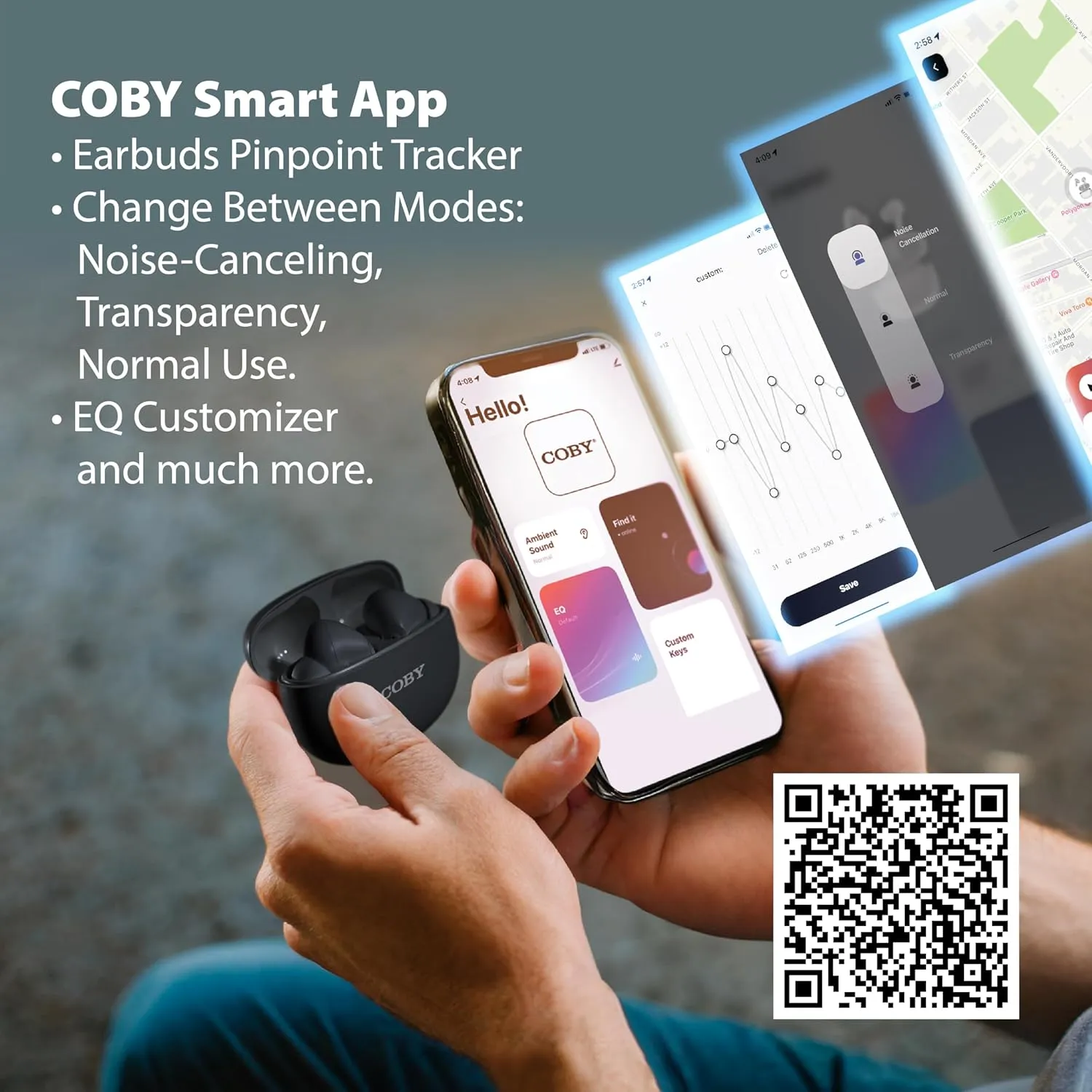 Coby Active Bluetooth Wireless Noise Cancelling Earbuds, 30db, USB C Charging Case, IPX7 Waterproof Wireless Earbuds, Transparency Mode, Smart App with Location Tracking, Customizable EQ (Black)