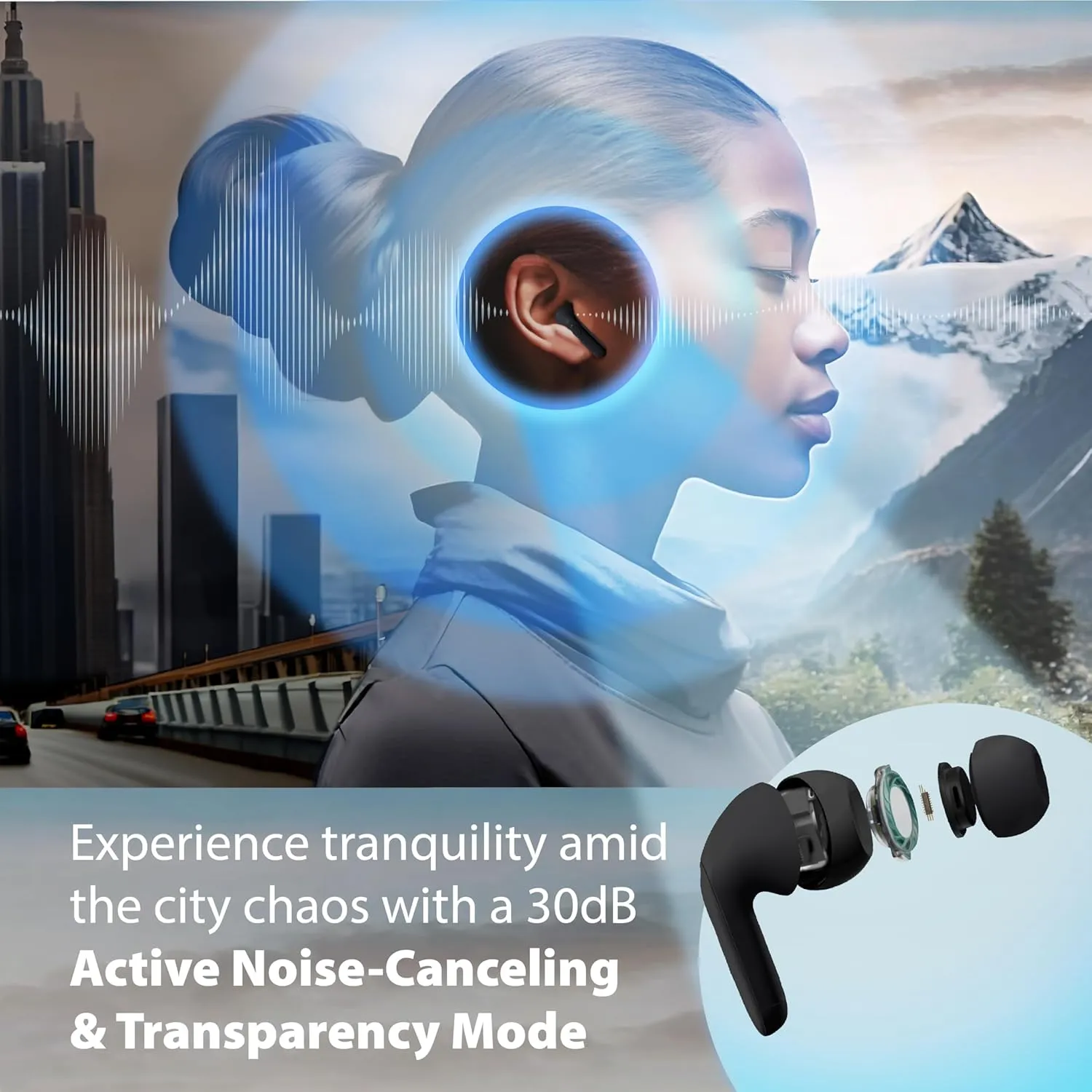 Coby Active Bluetooth Wireless Noise Cancelling Earbuds, 30db, USB C Charging Case, IPX7 Waterproof Wireless Earbuds, Transparency Mode, Smart App with Location Tracking, Customizable EQ (Black)