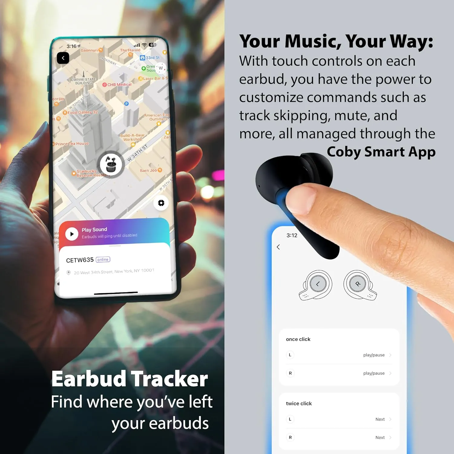 Coby Active Bluetooth Wireless Noise Cancelling Earbuds, 30db, USB C Charging Case, IPX7 Waterproof Wireless Earbuds, Transparency Mode, Smart App with Location Tracking, Customizable EQ (Black)