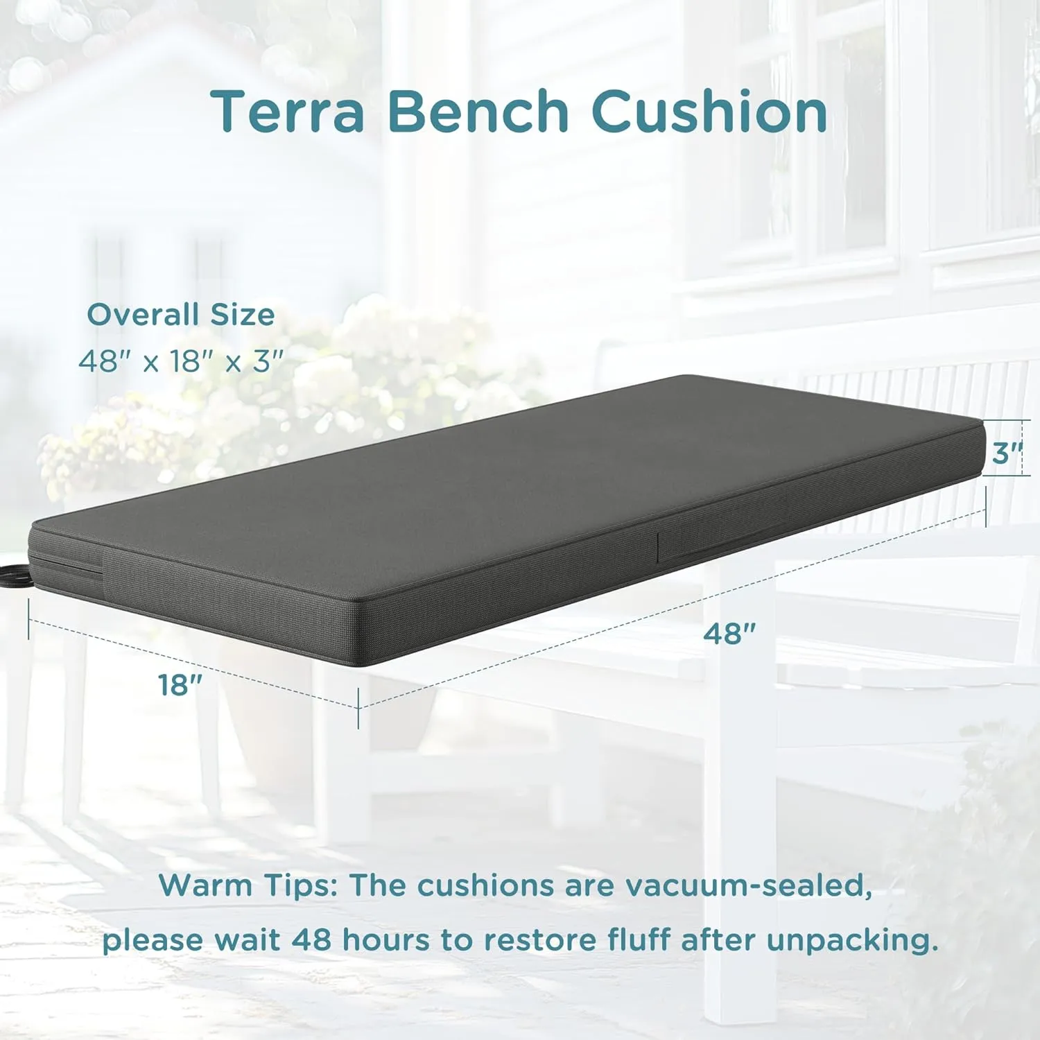 Codi Outdoor Bench Cushion 48 inch, Double Waterproof Patio Furniture Cushions Replacement for Swing, Porch, Couch, 48x18x3'', Grey