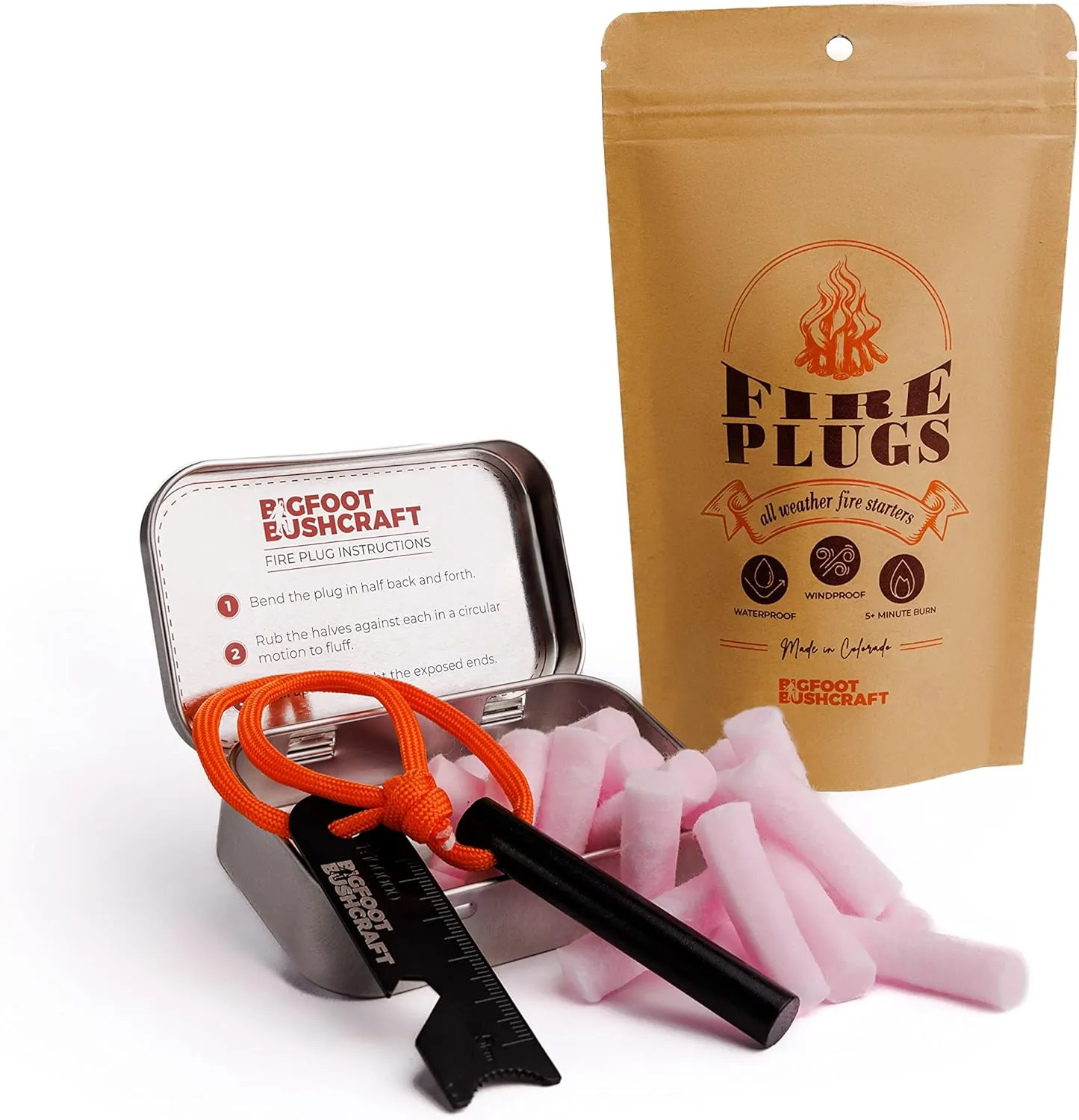 Complete Mini Fire Starting Kit - Waterpoof, Windproof, 5  Minute Burn - Includes 16 Fire Plugs, Hinged Travel Tin, and Mini Ferro Rod Set