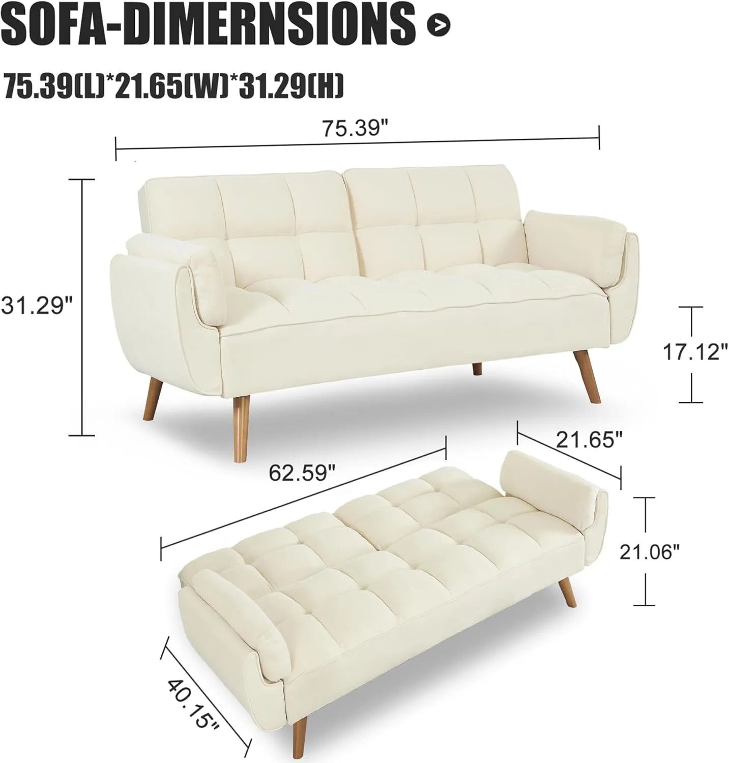 Convertible Futon Sofa Bed, Sleeper Couch Bed with Adjustable Backrests, Linen 3 Seater Small Couches for Small Spaces, Living Room, Bedroom(Beige, 75")