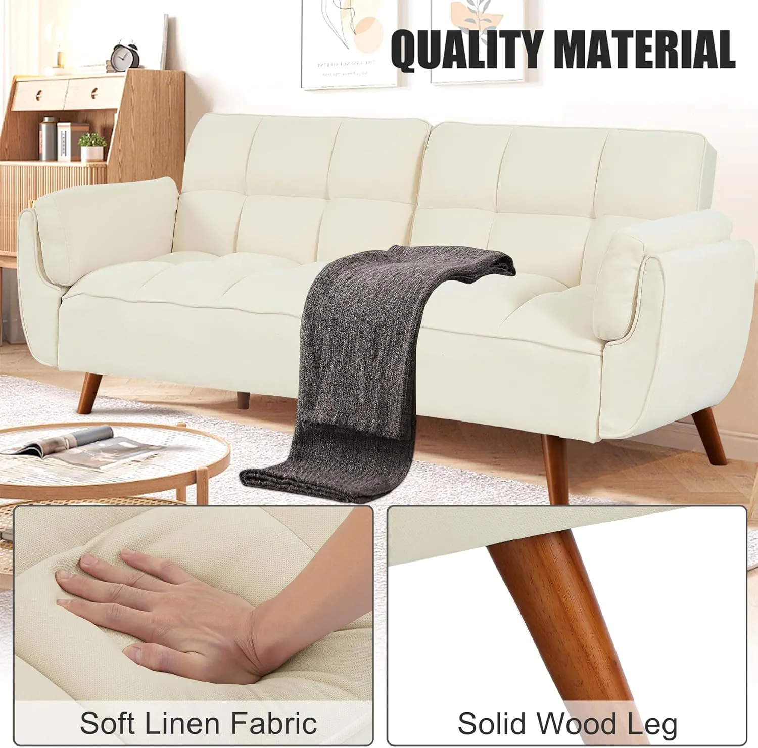 Convertible Futon Sofa Bed, Sleeper Couch Bed with Adjustable Backrests, Linen 3 Seater Small Couches for Small Spaces, Living Room, Bedroom(Beige, 75")