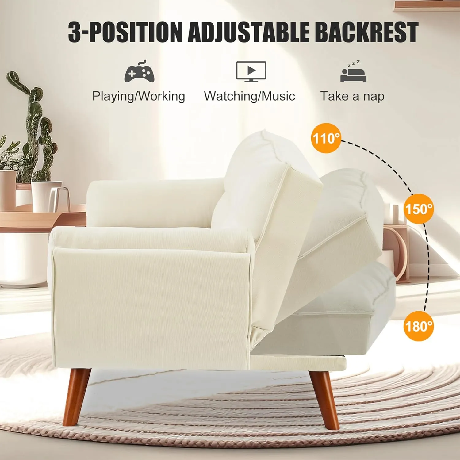 Convertible Futon Sofa Bed, Sleeper Couch Bed with Adjustable Backrests, Linen 3 Seater Small Couches for Small Spaces, Living Room, Bedroom(Beige, 75")