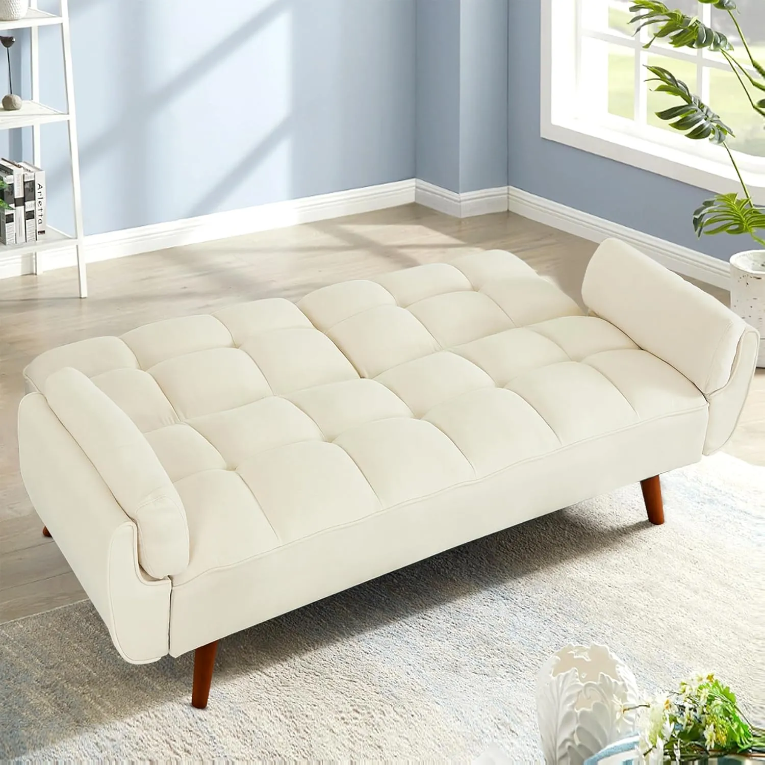 Convertible Futon Sofa Bed, Sleeper Couch Bed with Adjustable Backrests, Linen 3 Seater Small Couches for Small Spaces, Living Room, Bedroom(Beige, 75")