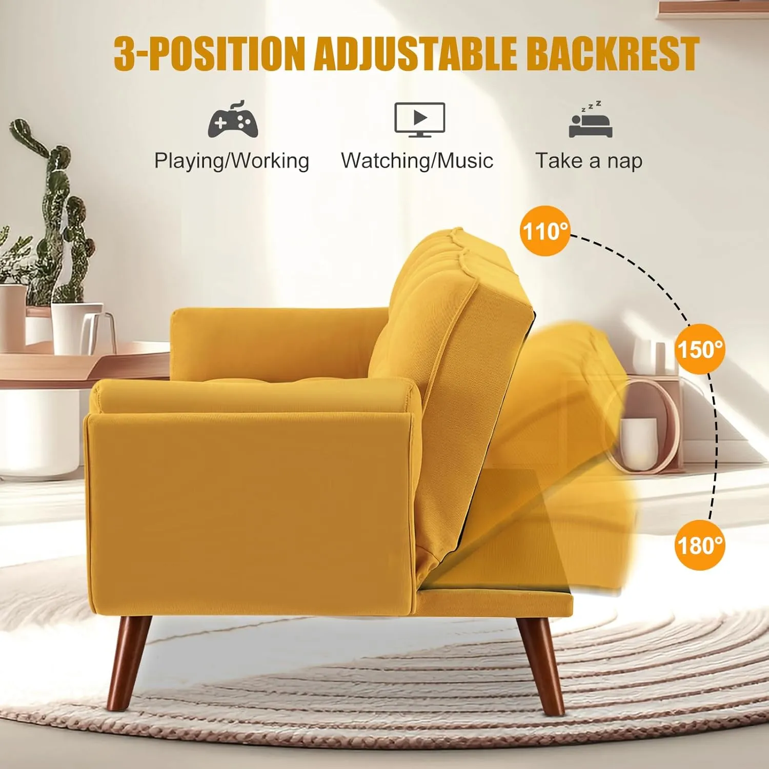 Convertible Futon Sofa Bed, Sleeper Couch Bed with Adjustable Backrests, Linen 3 Seater Small Couches for Small Spaces, Living Room, Bedroom(Yellow, 75")