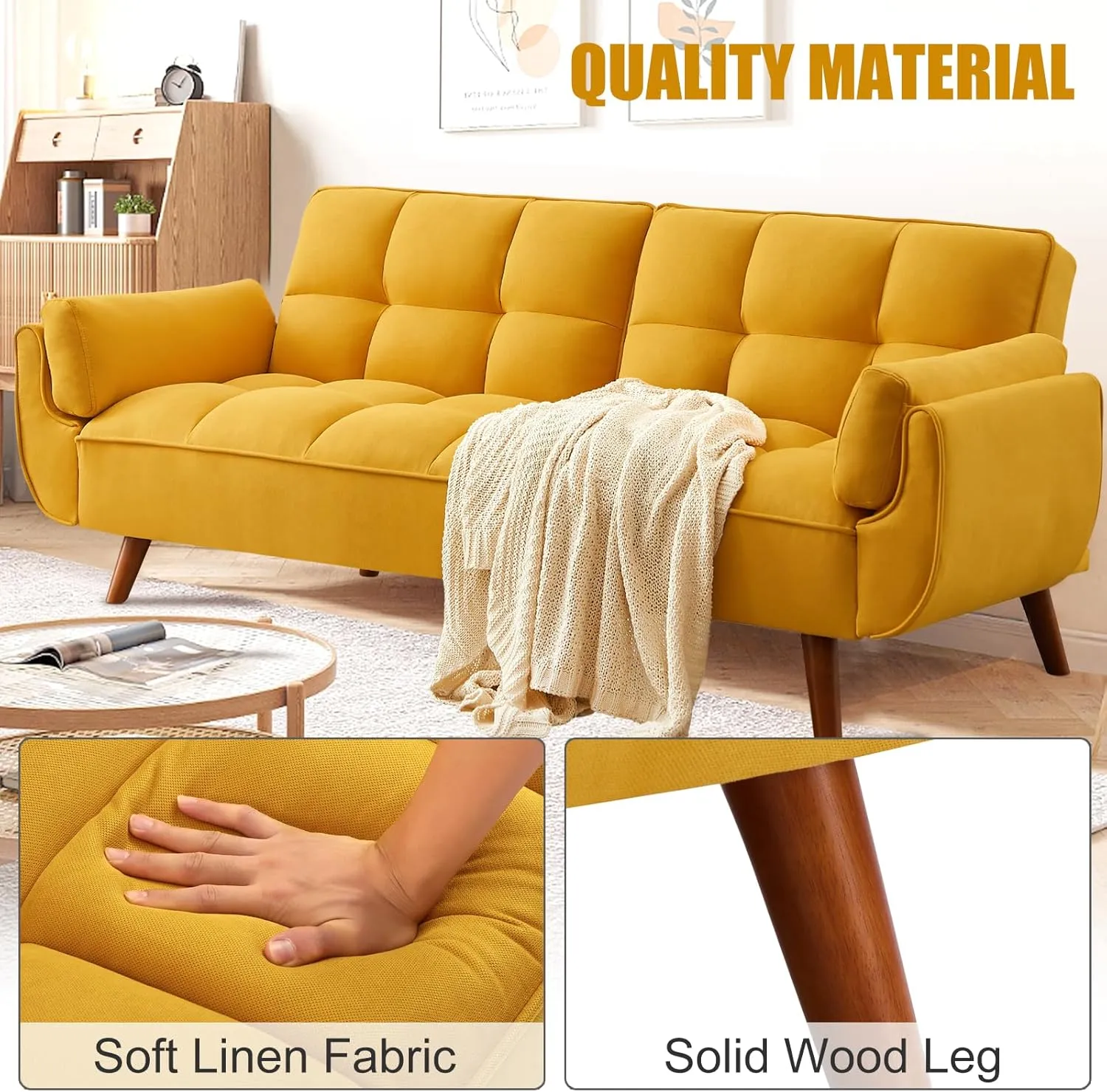 Convertible Futon Sofa Bed, Sleeper Couch Bed with Adjustable Backrests, Linen 3 Seater Small Couches for Small Spaces, Living Room, Bedroom(Yellow, 75")