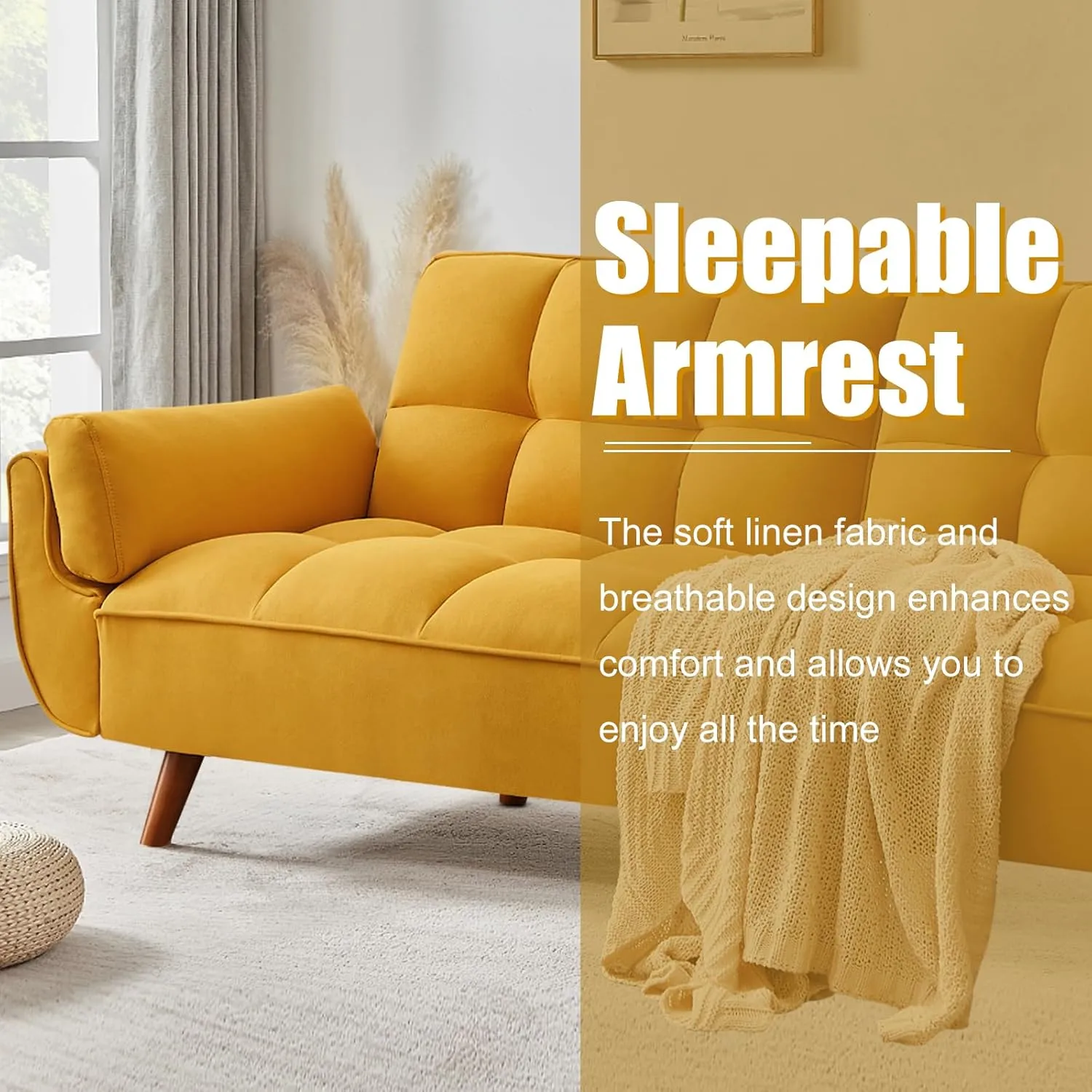 Convertible Futon Sofa Bed, Sleeper Couch Bed with Adjustable Backrests, Linen 3 Seater Small Couches for Small Spaces, Living Room, Bedroom(Yellow, 75")