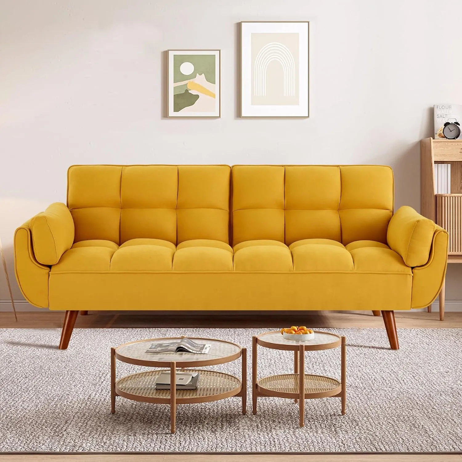 Convertible Futon Sofa Bed, Sleeper Couch Bed with Adjustable Backrests, Linen 3 Seater Small Couches for Small Spaces, Living Room, Bedroom(Yellow, 75")