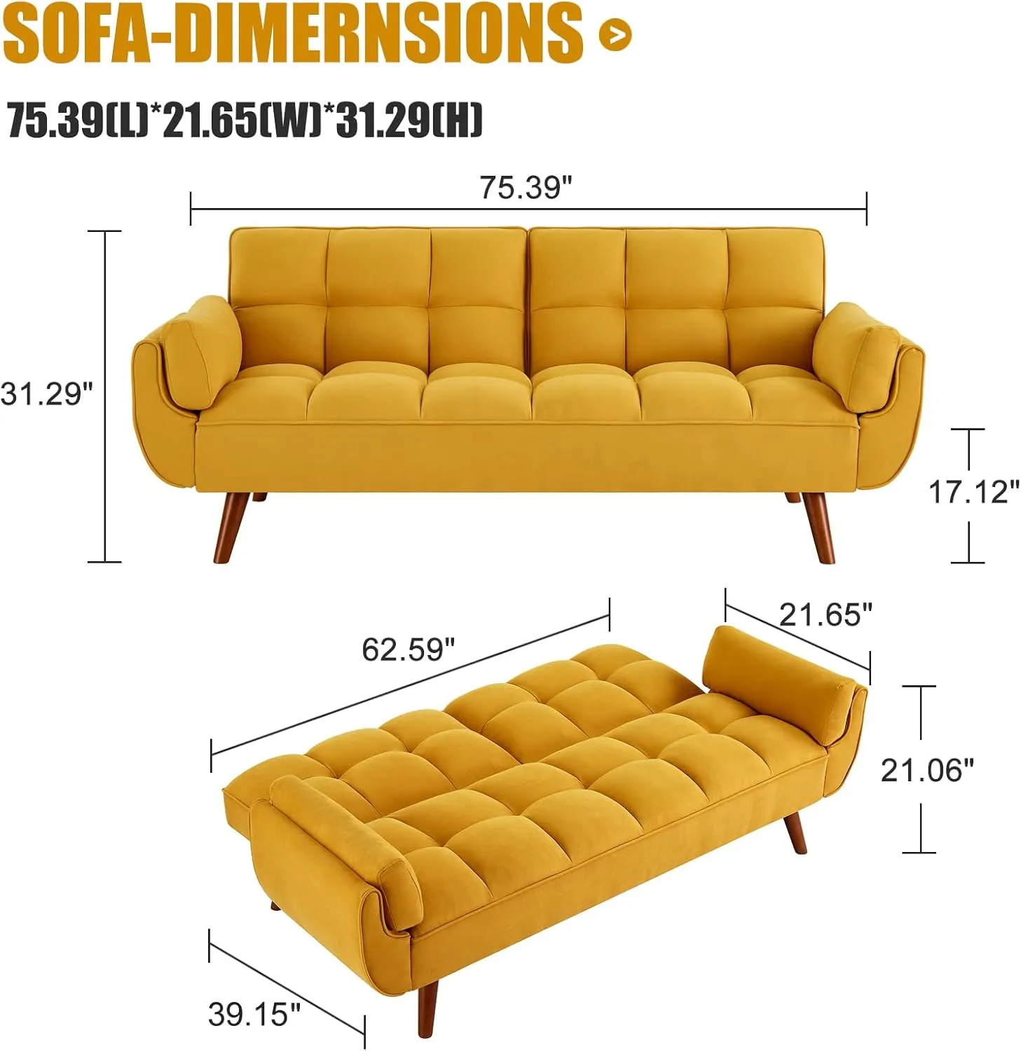 Convertible Futon Sofa Bed, Sleeper Couch Bed with Adjustable Backrests, Linen 3 Seater Small Couches for Small Spaces, Living Room, Bedroom(Yellow, 75")