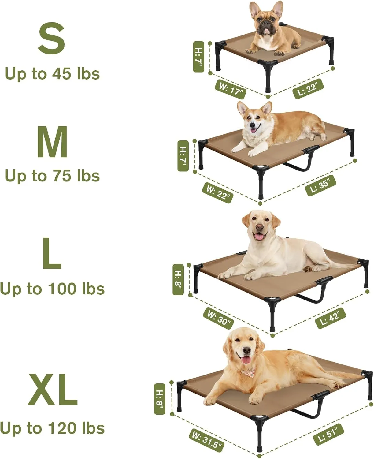 Cooling Elevated Dog Cots Beds for Large Dogs, Outdoor Raised Pet Hammock Beds with Breathale Mesh, Stable Pets Place Bed with Non-Slip Feet, Lifted Dogs Cot, Easy to Clean, Brown, L