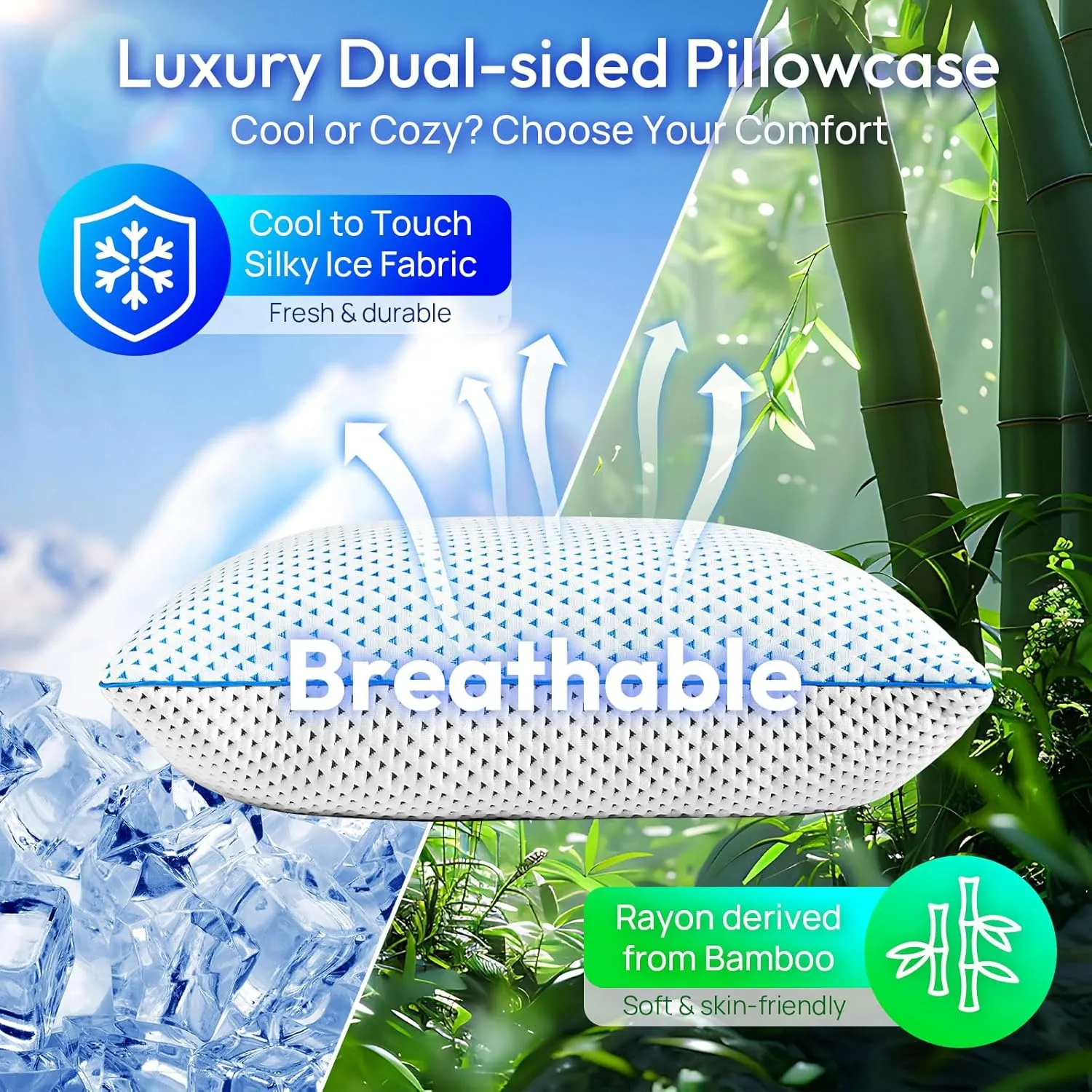 Cooling Gel Memory Foam Pillows Queen Size Set of 2 for Sleeping,Bamboo Rayon Adjustable Firm Shredded Foam Bed Pillows 2 Pack for Side, Back, Stomach Sleepers Luxury Washable Breathable Pillowcase