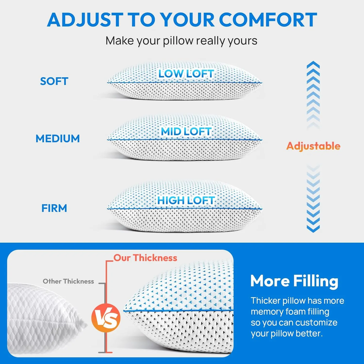 Cooling Gel Memory Foam Pillows Queen Size Set of 2 for Sleeping,Bamboo Rayon Adjustable Firm Shredded Foam Bed Pillows 2 Pack for Side, Back, Stomach Sleepers Luxury Washable Breathable Pillowcase