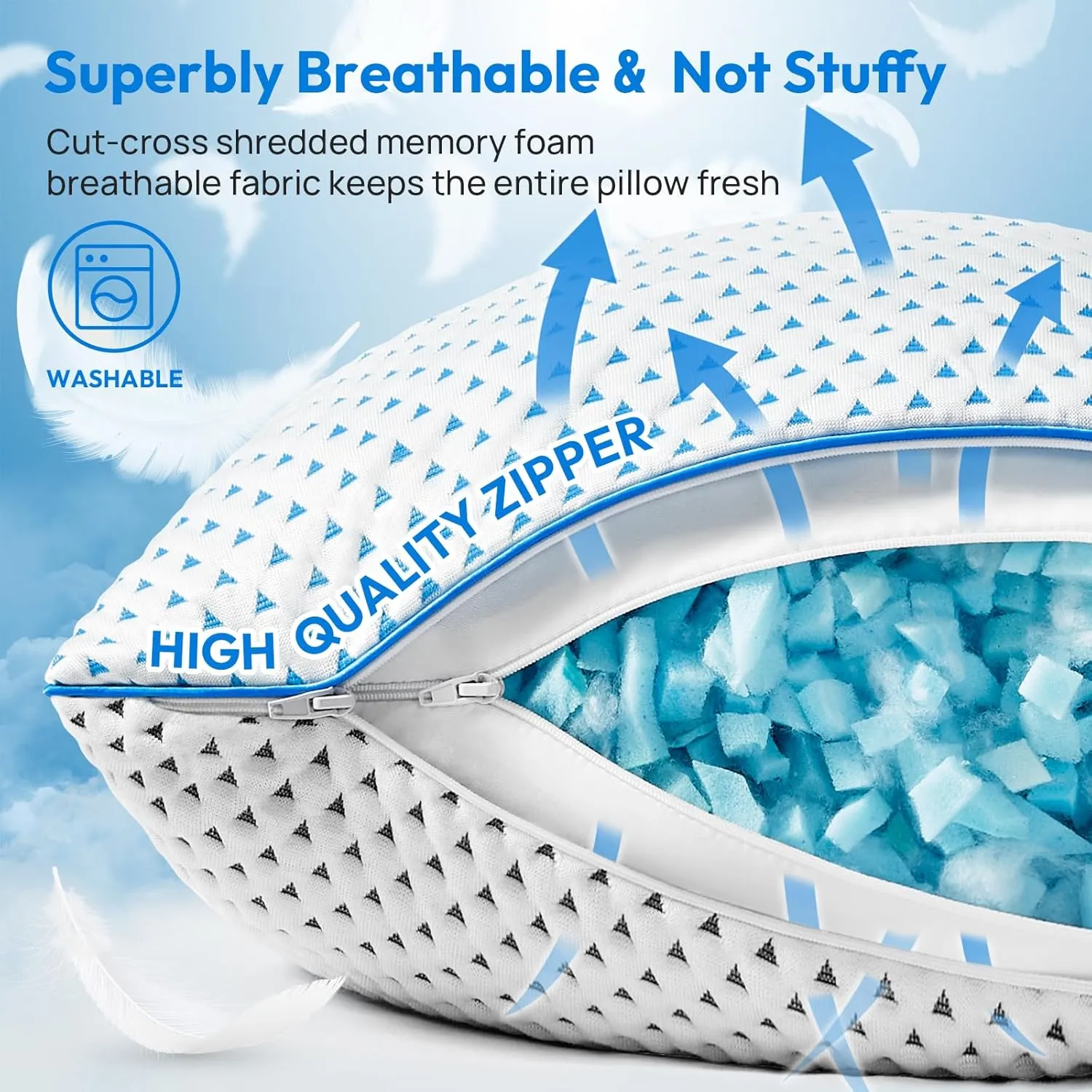 Cooling Gel Memory Foam Pillows Queen Size Set of 2 for Sleeping,Bamboo Rayon Adjustable Firm Shredded Foam Bed Pillows 2 Pack for Side, Back, Stomach Sleepers Luxury Washable Breathable Pillowcase