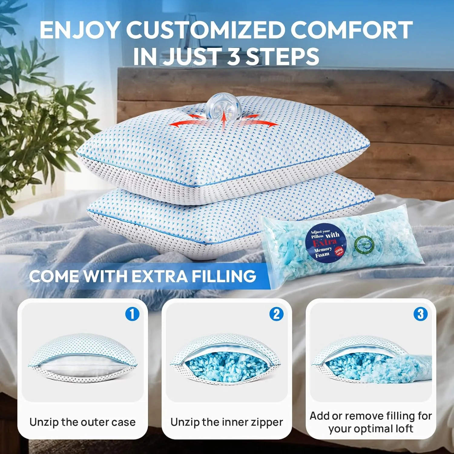 Cooling Gel Memory Foam Pillows Queen Size Set of 2 for Sleeping,Bamboo Rayon Adjustable Firm Shredded Foam Bed Pillows 2 Pack for Side, Back, Stomach Sleepers Luxury Washable Breathable Pillowcase