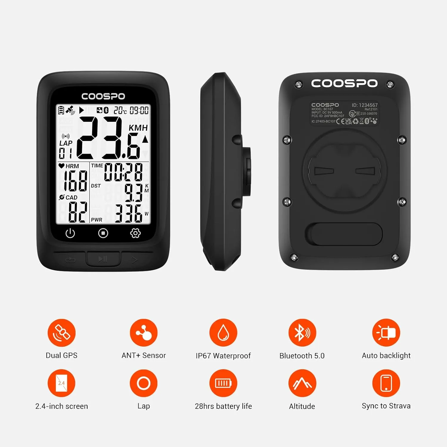 COOSPO Bike Computer GPS Wireless, ANT  Cycling Computer GPS with Bluetooth, Multifunctional ANT  Bicycle Computer GPS with 2.4 LCD Screen, Bike Speedometer with Auto Backlight IP67