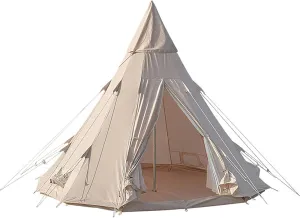 Cotton Canvas Camping Pyramid Tent, Outdoor Glamping Bell Tent 4 x 4 x 3m / 13 x 13 x 10ft, Waterproof Indian Yurt Tent for 3~4 Person, Family Camping in All Seasons