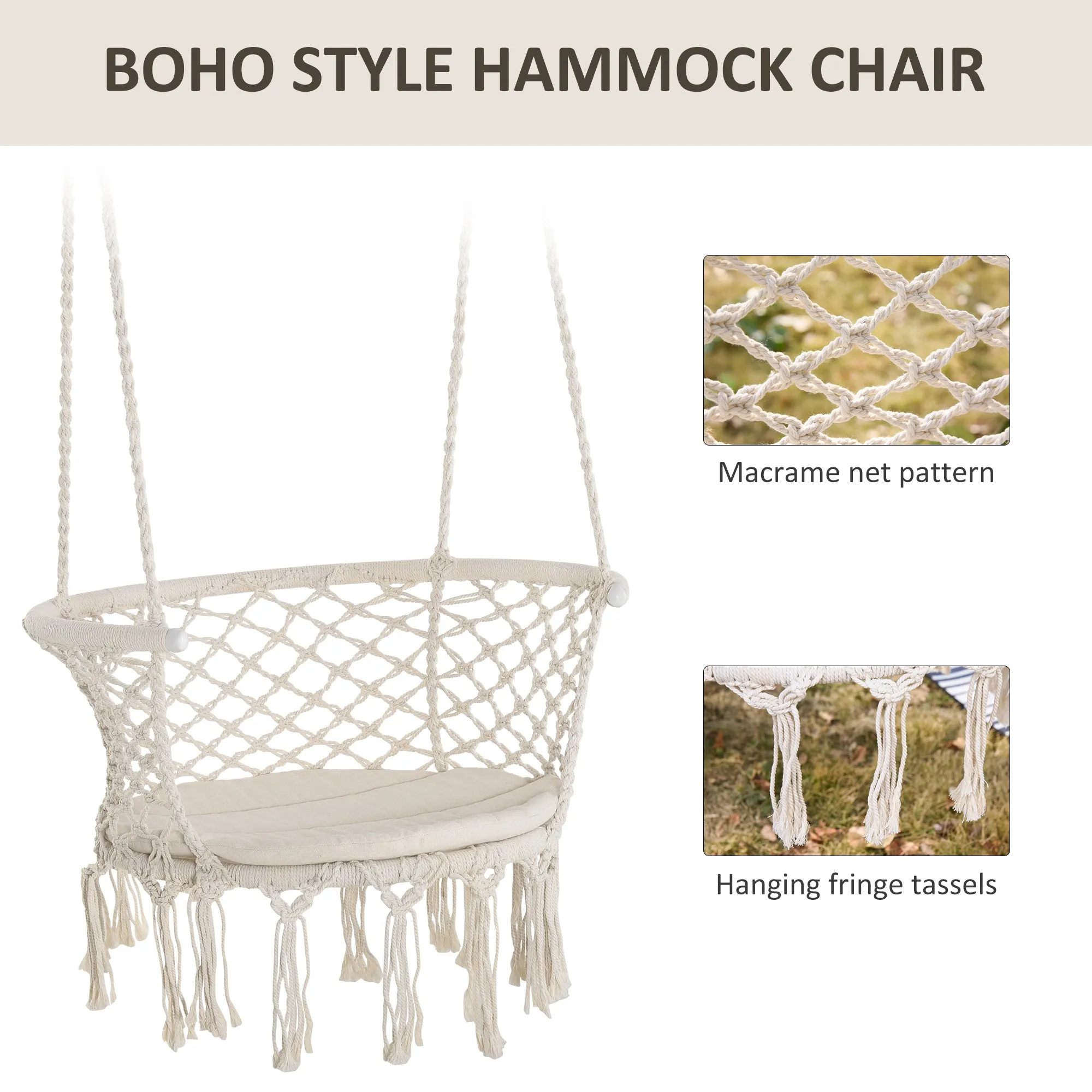 Cotton Rope Hanging Hammock Chair Swing with Cushion Metal Frame for Patio Garden Cream White