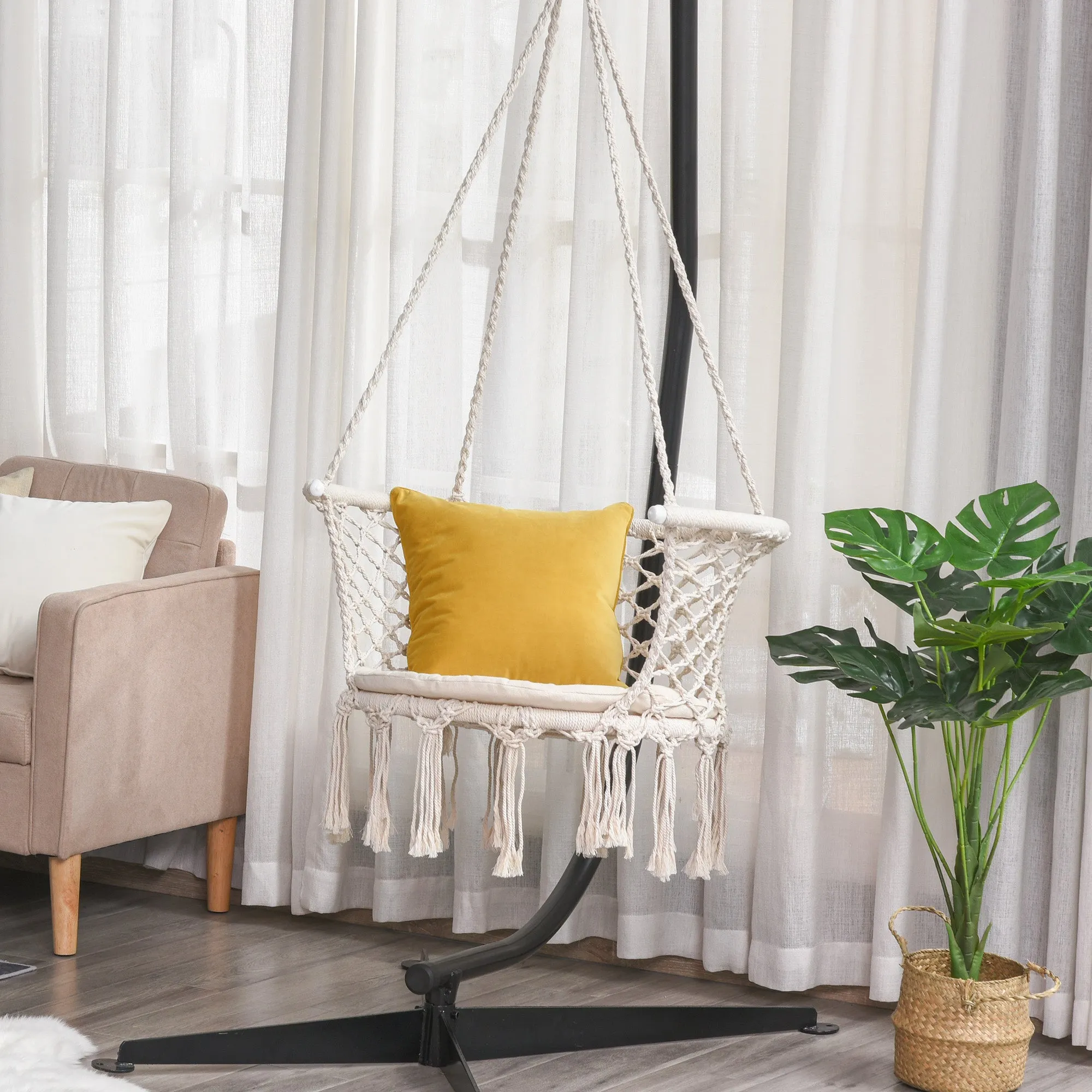 Cotton Rope Hanging Hammock Chair Swing with Cushion Metal Frame for Patio Garden Cream White