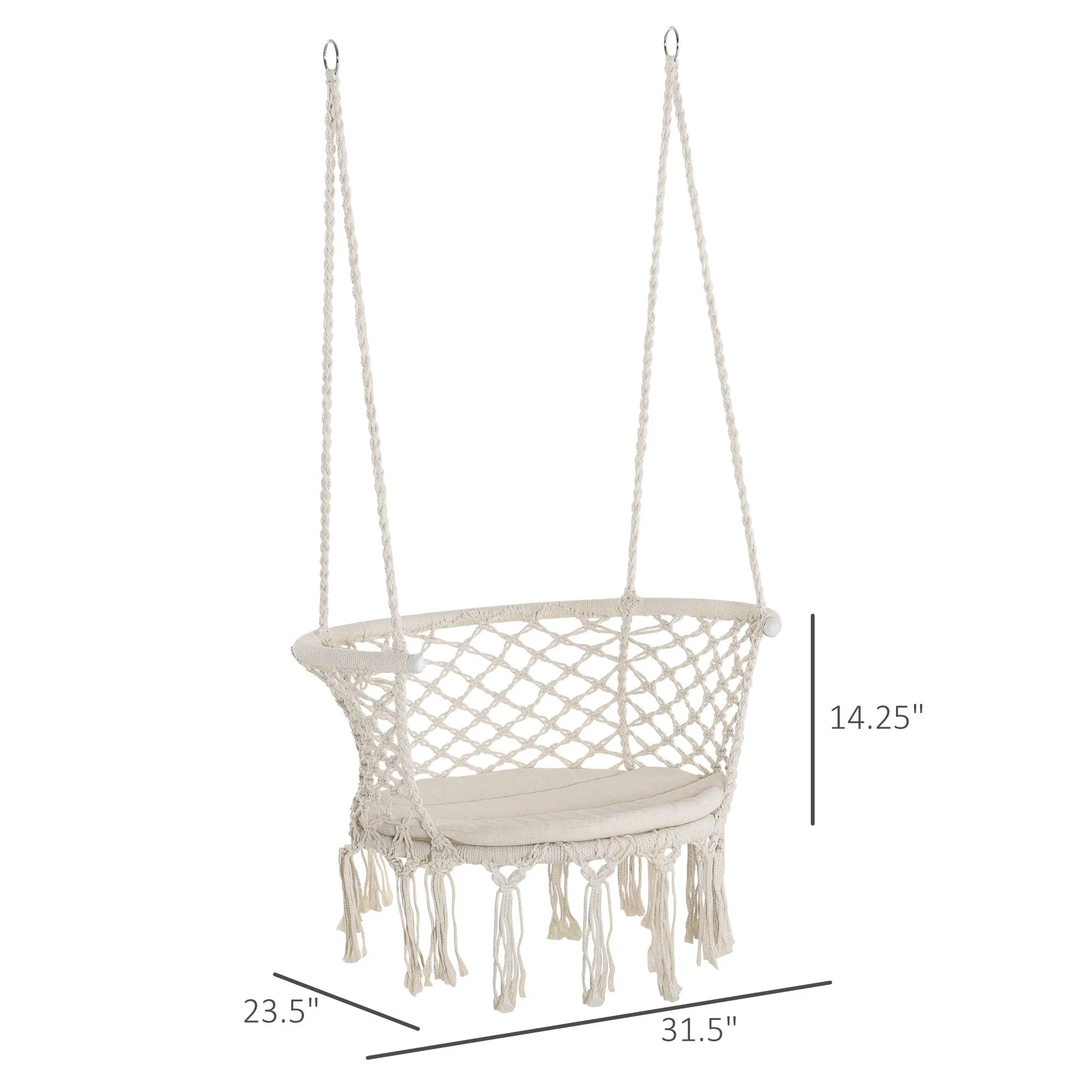 Cotton Rope Hanging Hammock Chair Swing with Cushion Metal Frame for Patio Garden Cream White