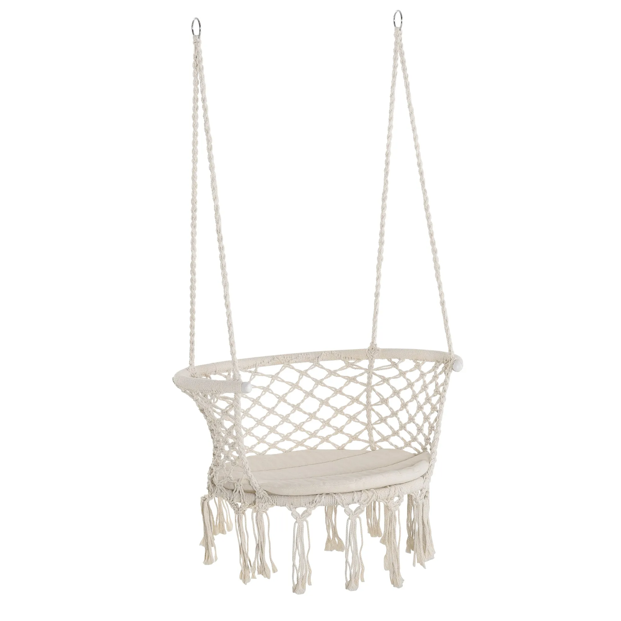 Cotton Rope Hanging Hammock Chair Swing with Cushion Metal Frame for Patio Garden Cream White