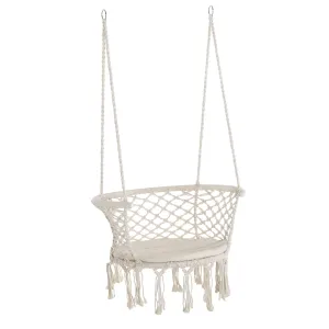 Cotton Rope Hanging Hammock Chair Swing with Cushion Metal Frame for Patio Garden Cream White