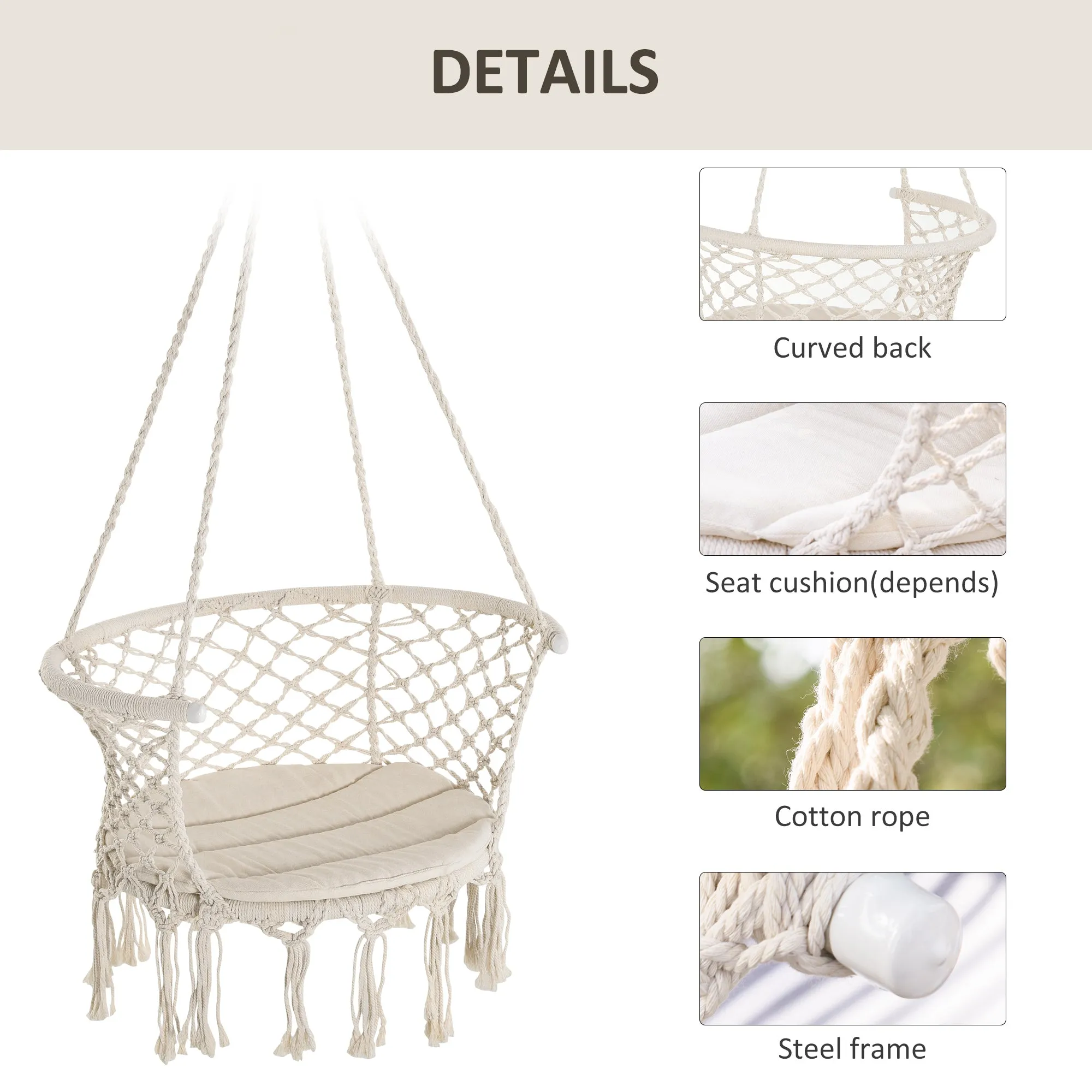 Cotton Rope Hanging Hammock Chair Swing with Cushion Metal Frame for Patio Garden Cream White